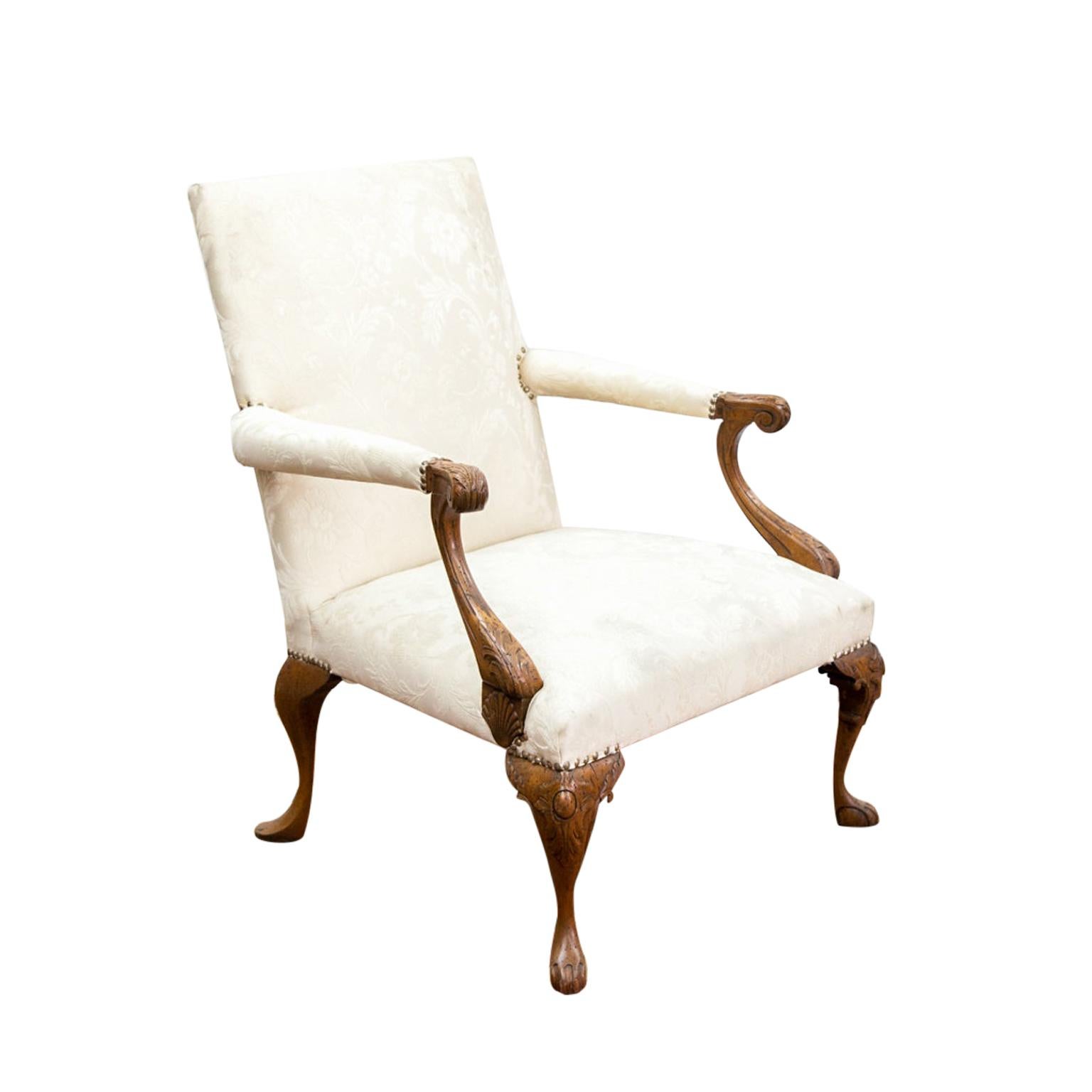 French Walnut Damask Armchair For Sale