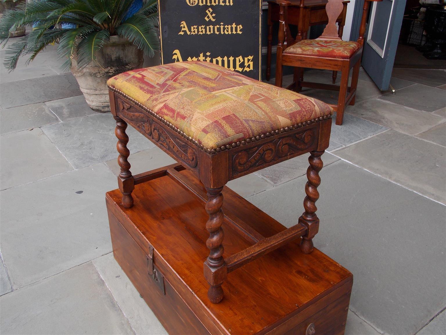 Louis Philippe French Walnut Decorative Carved Upholstered Stool with Barley Twist Legs, C 1850 For Sale