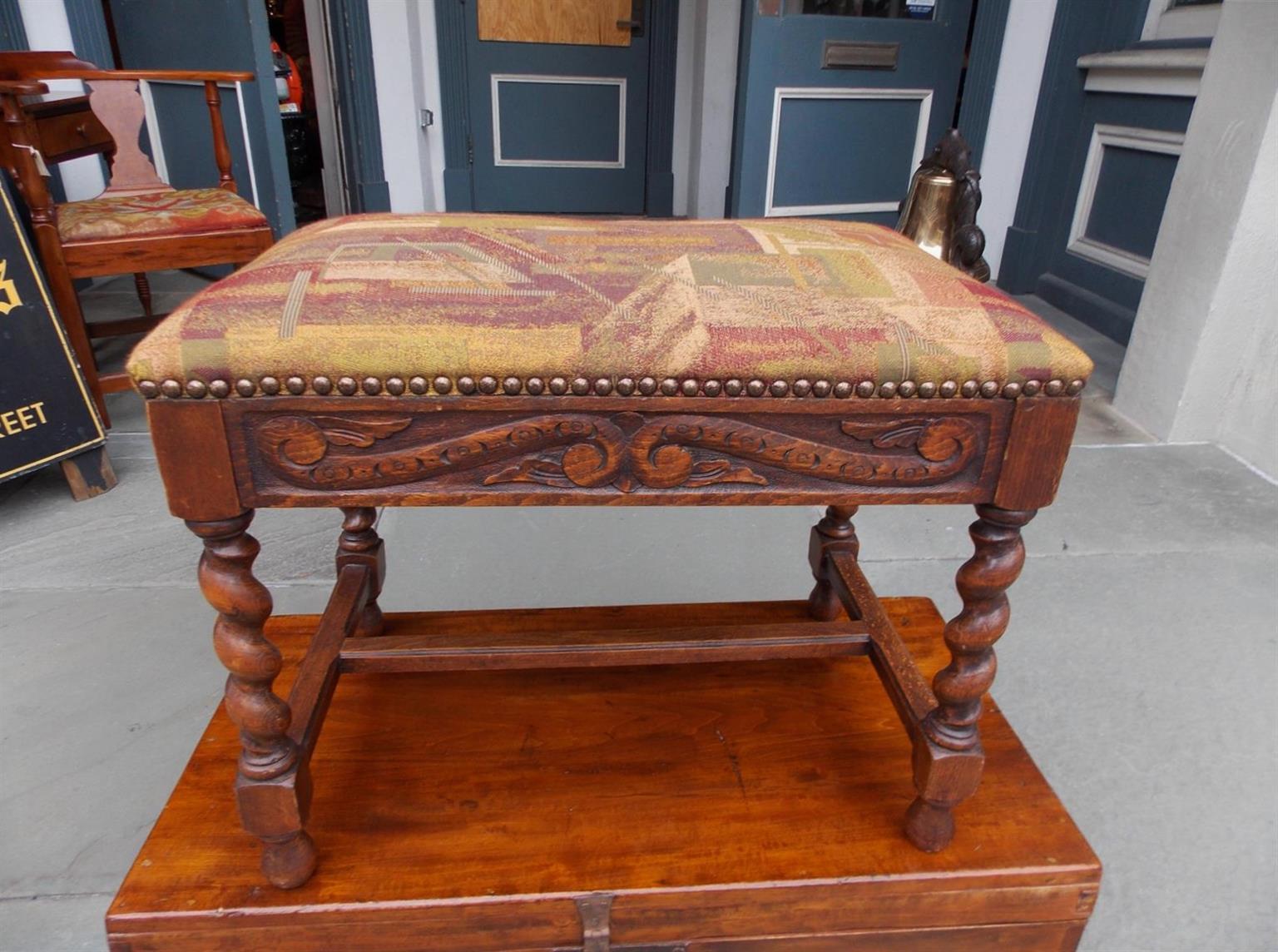 Hand-Carved French Walnut Decorative Carved Upholstered Stool with Barley Twist Legs, C 1850 For Sale