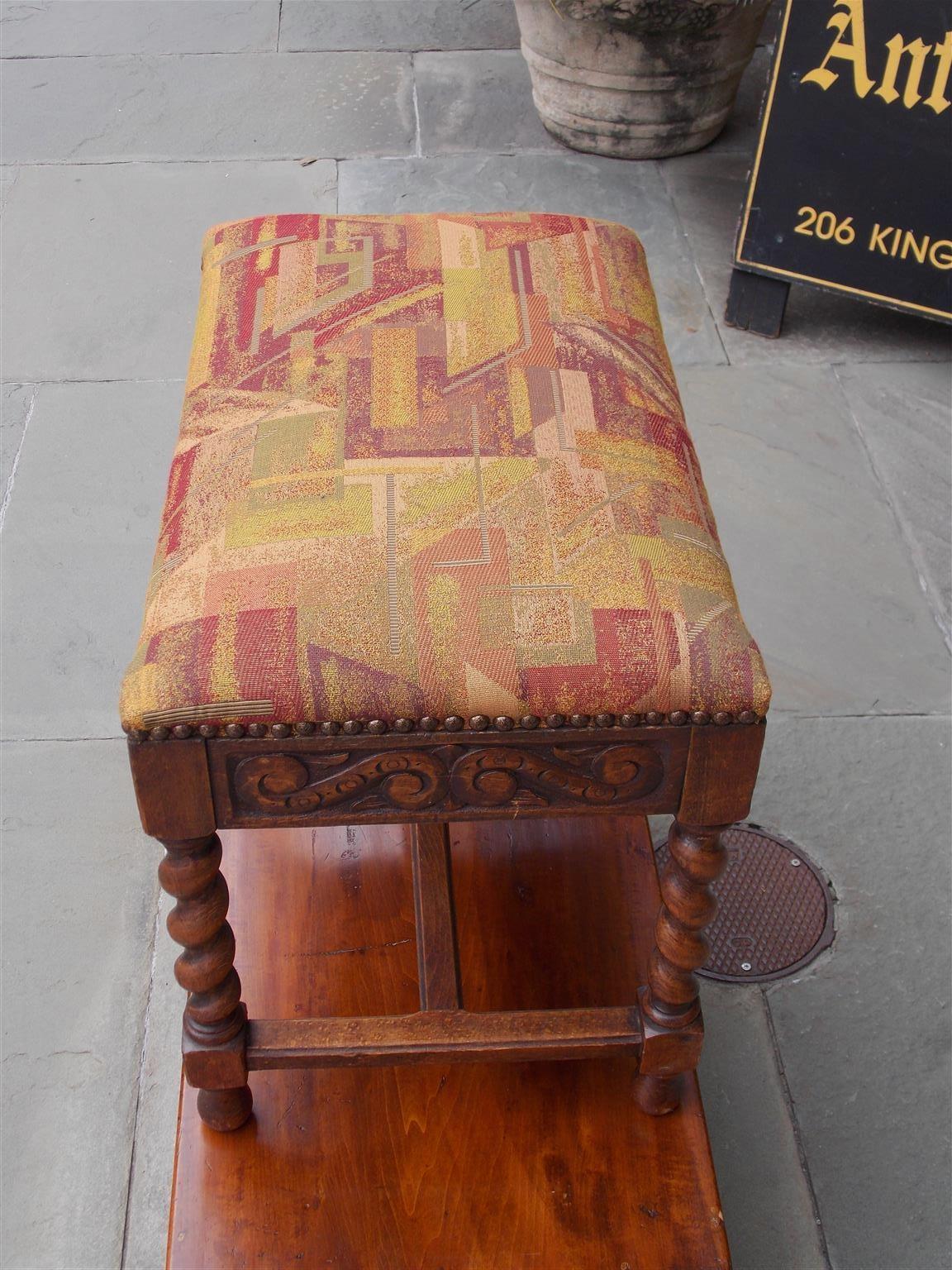 French Walnut Decorative Carved Upholstered Stool with Barley Twist Legs, C 1850 In Excellent Condition For Sale In Hollywood, SC