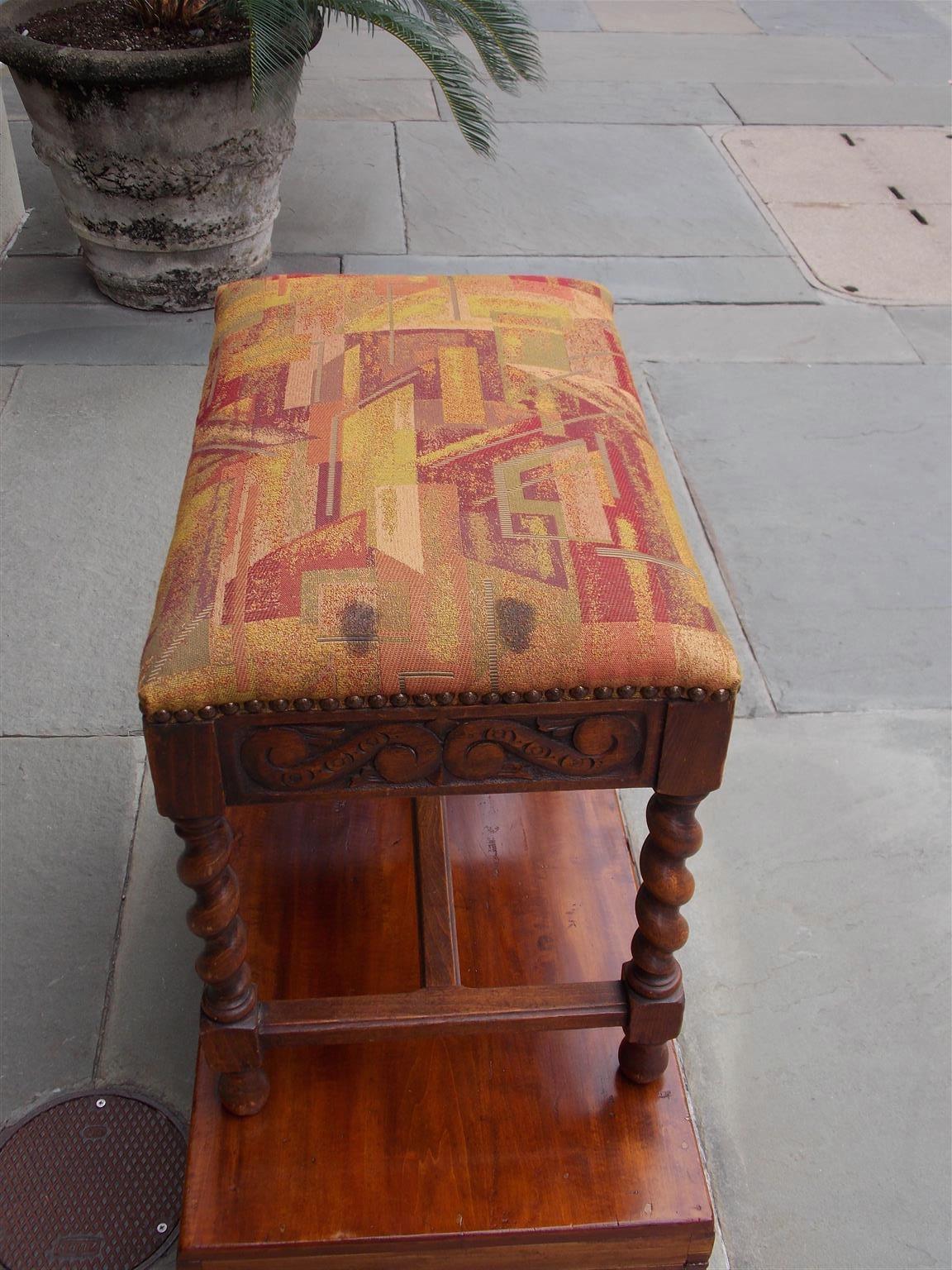 Mid-19th Century French Walnut Decorative Carved Upholstered Stool with Barley Twist Legs, C 1850 For Sale