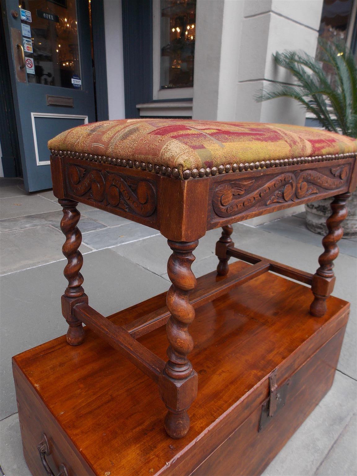 Brass French Walnut Decorative Carved Upholstered Stool with Barley Twist Legs, C 1850 For Sale