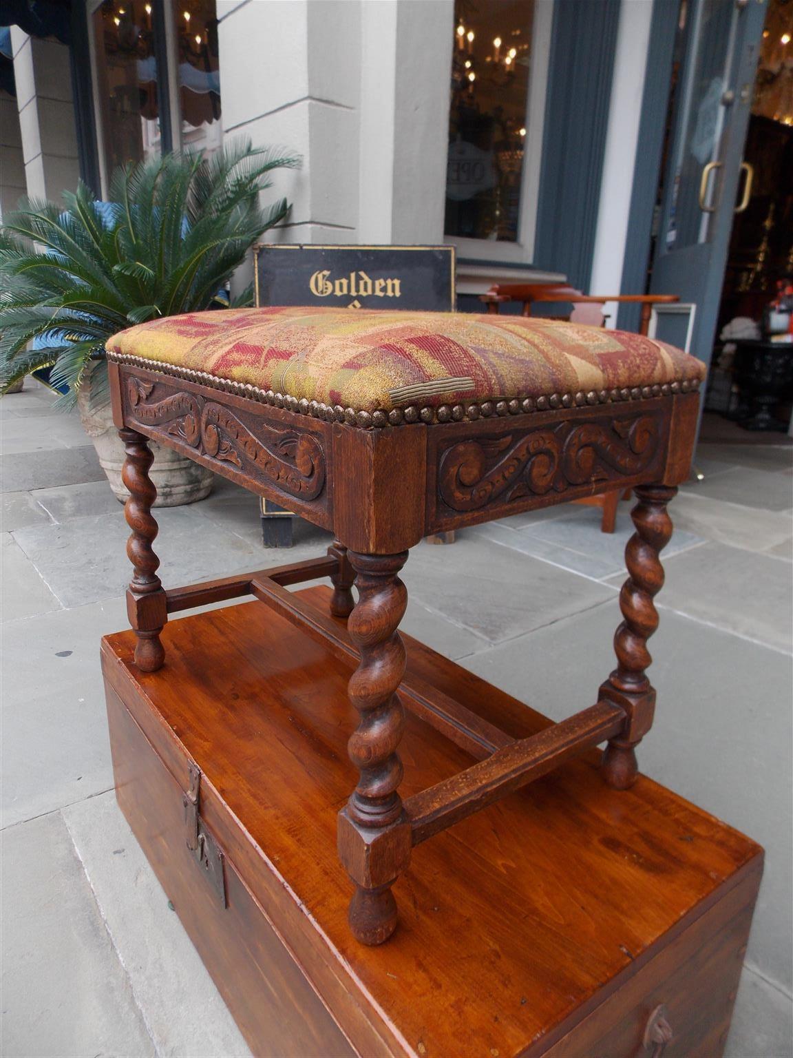 French Walnut Decorative Carved Upholstered Stool with Barley Twist Legs, C 1850 For Sale 1