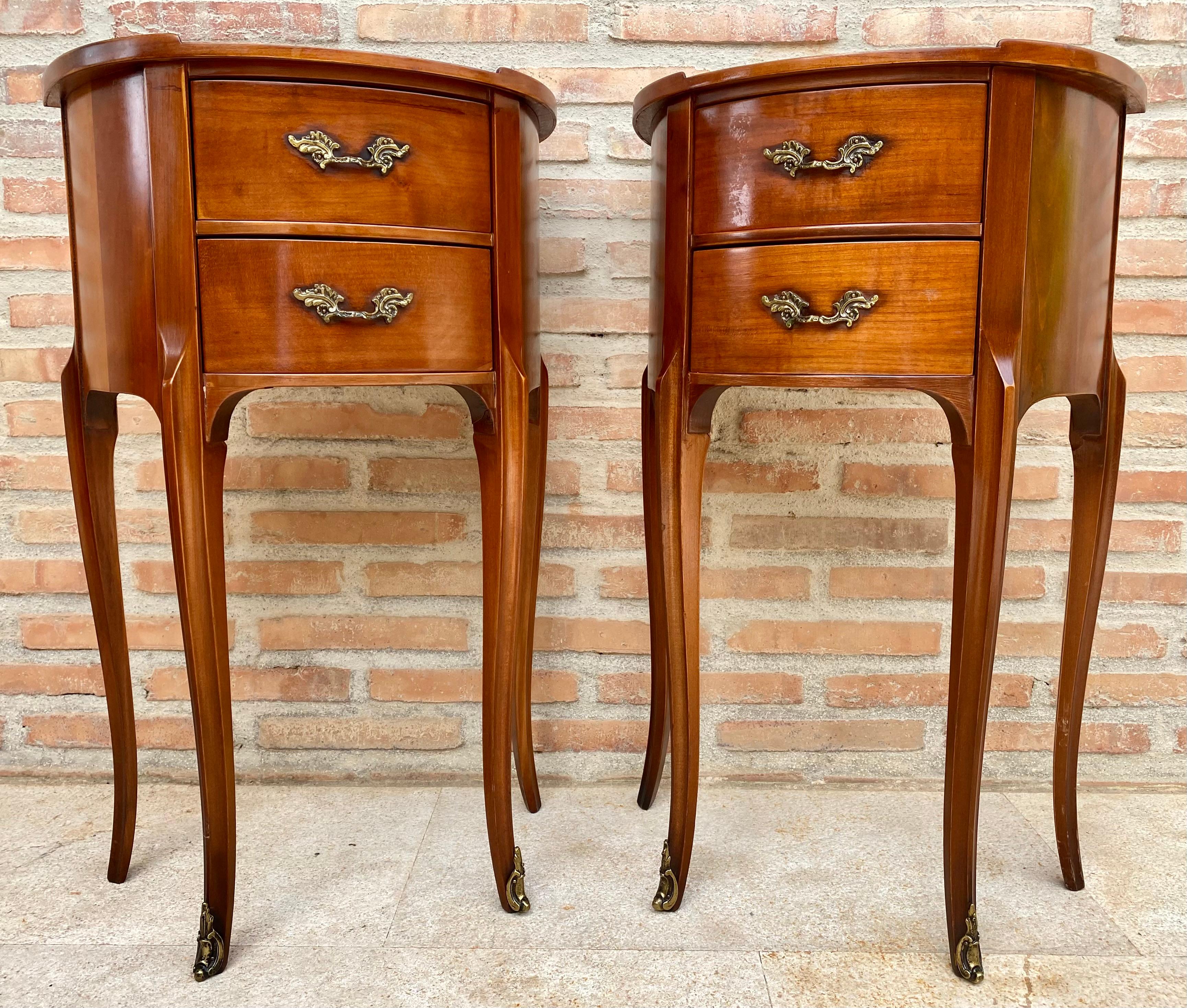French Provincial French Walnut Demilune Bedside Tables or Nightstands with 2 Drawers, Set of 2