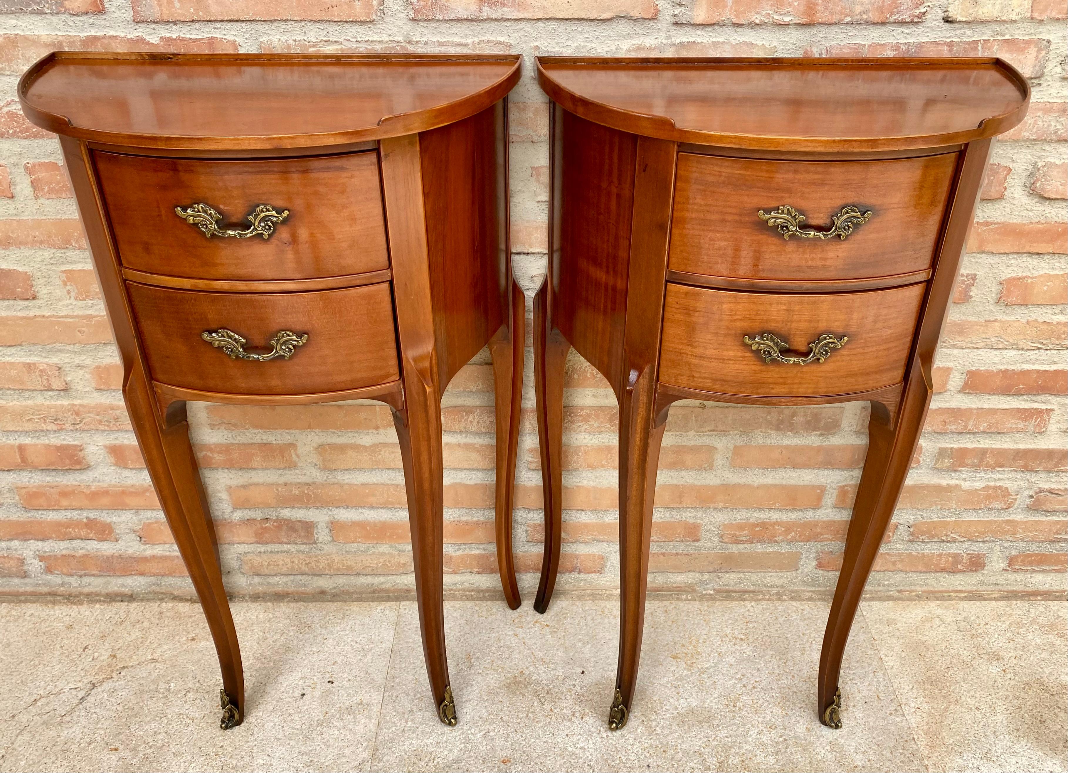 French Walnut Demilune Bedside Tables or Nightstands with 2 Drawers, Set of 2 In Good Condition In Miami, FL