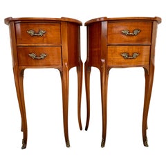 French Walnut Demilune Bedside Tables or Nightstands with 2 Drawers, Set of 2