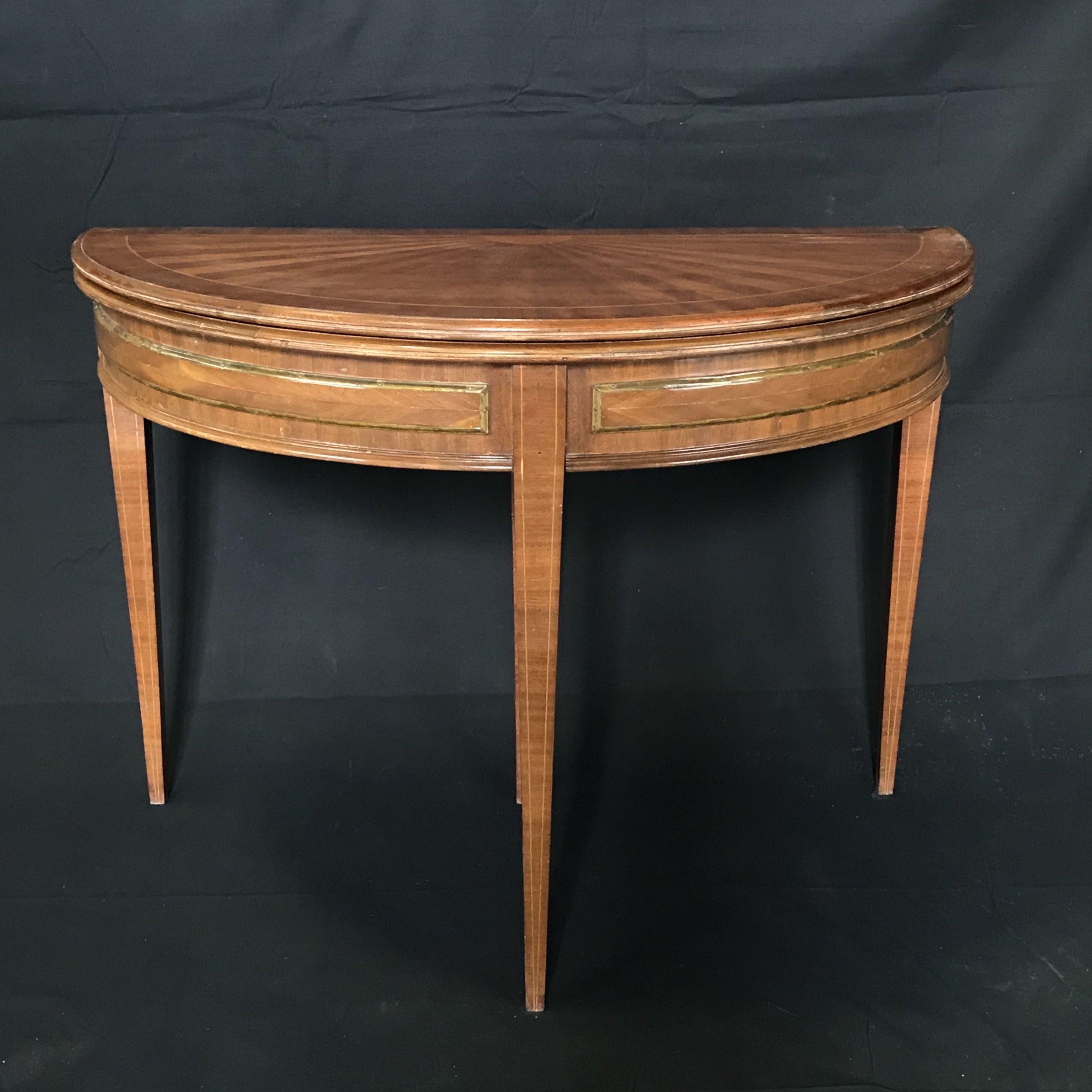 French Walnut Demilune Table Round Table with Leather Top In Good Condition In Hopewell, NJ