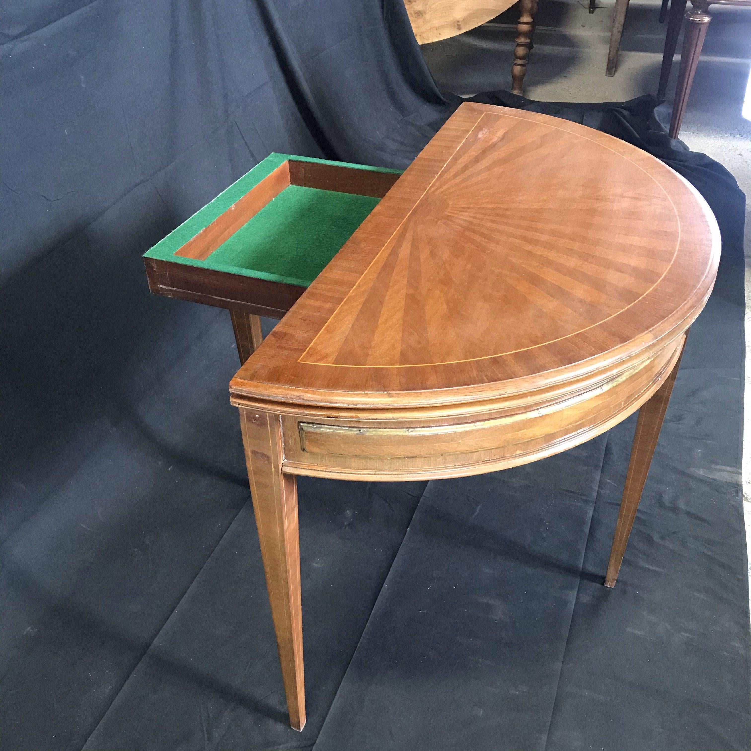 Early 20th Century French Walnut Demilune Table Round Table with Leather Top