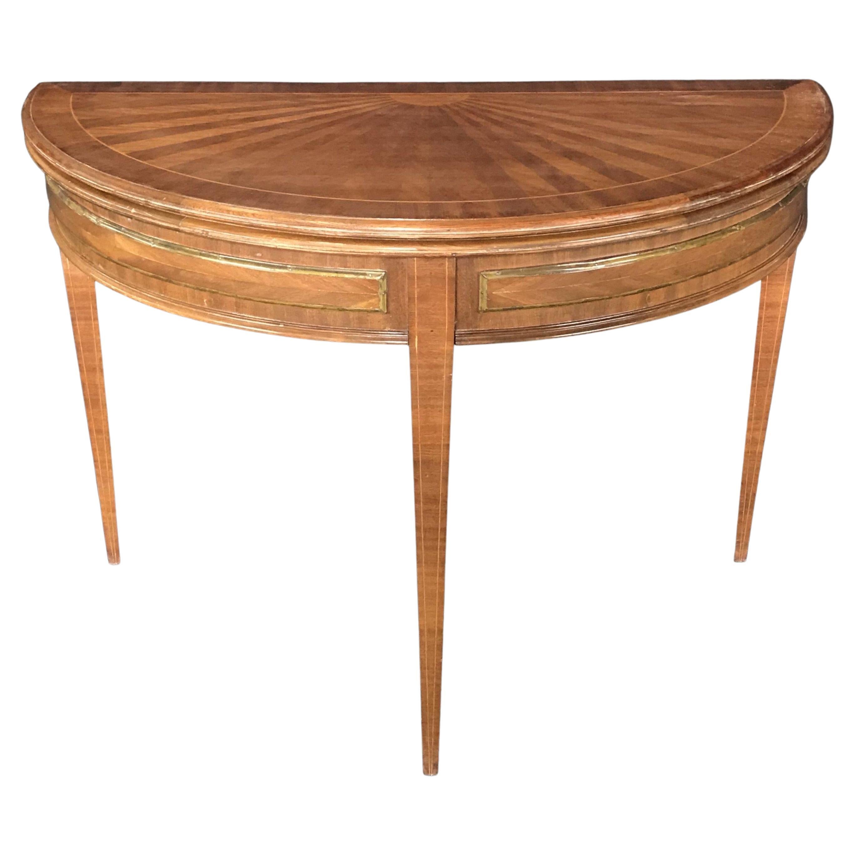 French Walnut Demilune Table Round Table with Leather Top
