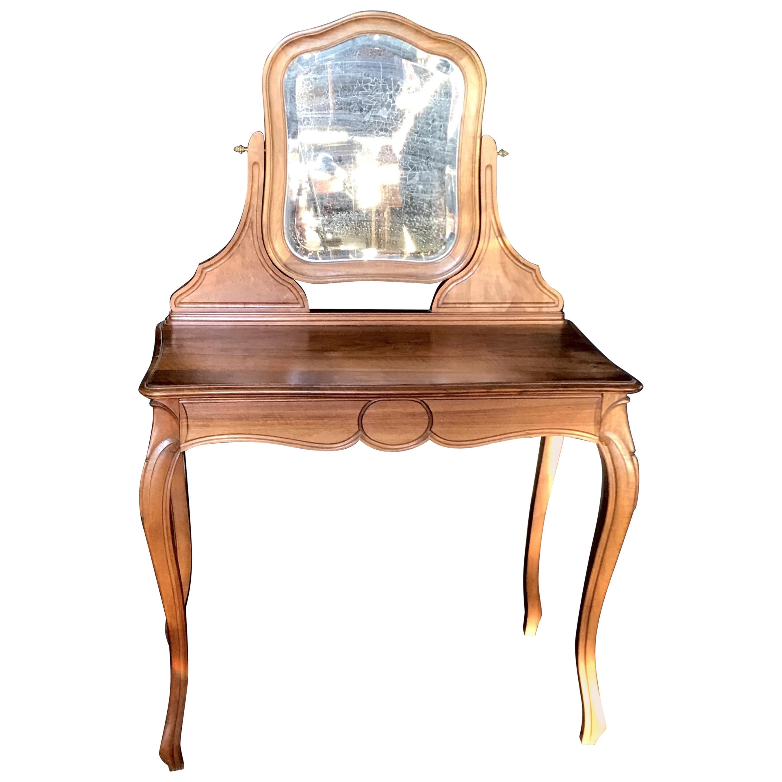 French Walnut Dressing Table or Vanity with Beveled Mirror
