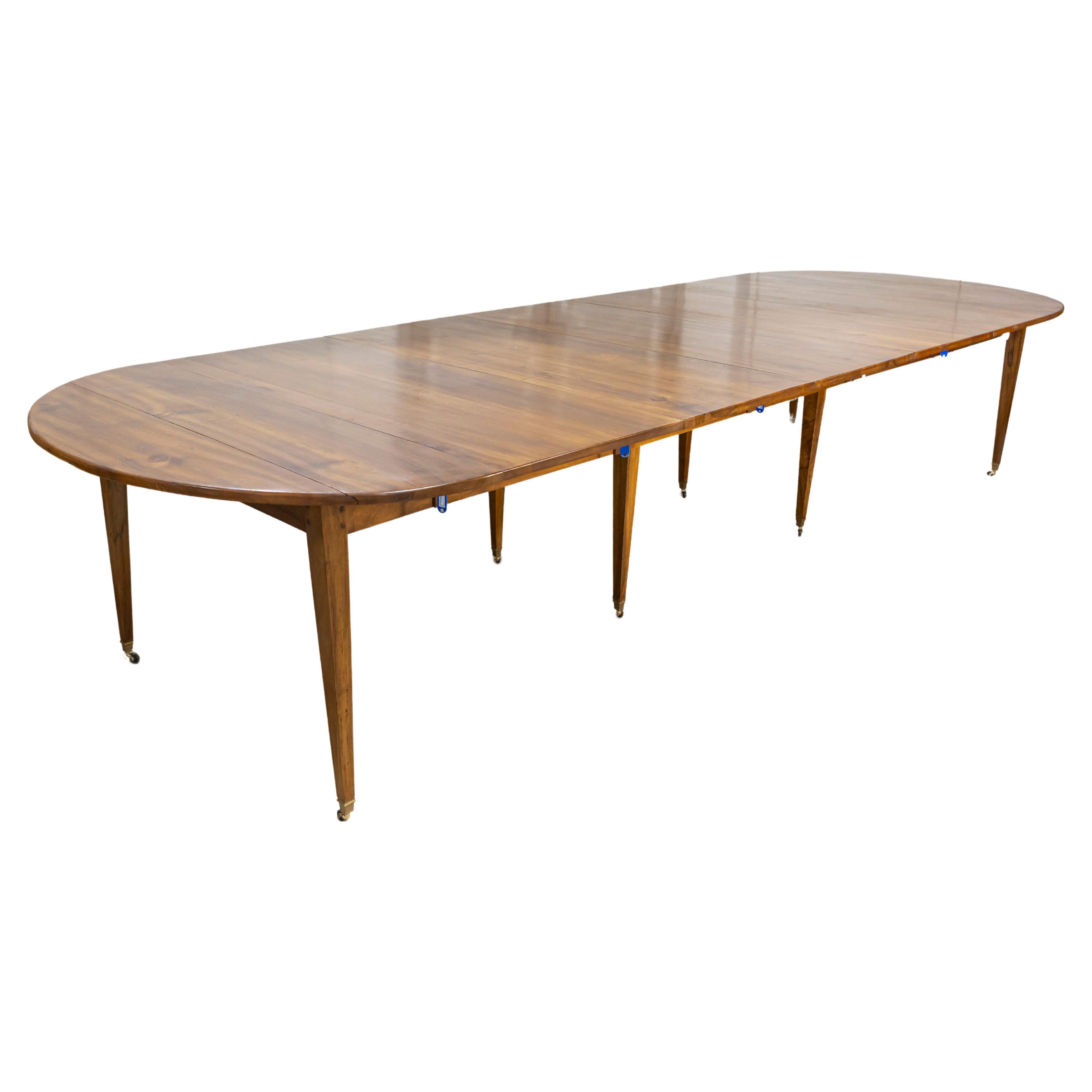 French Walnut Extension Dining Table With Five Leaves, Tapered Legs on Casters