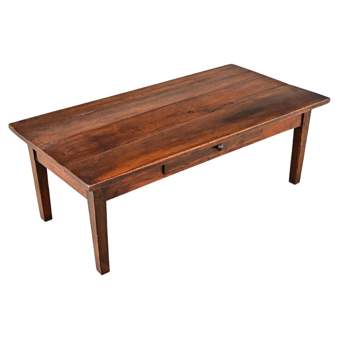 French Walnut Farmhouse Coffee Table with Drawer