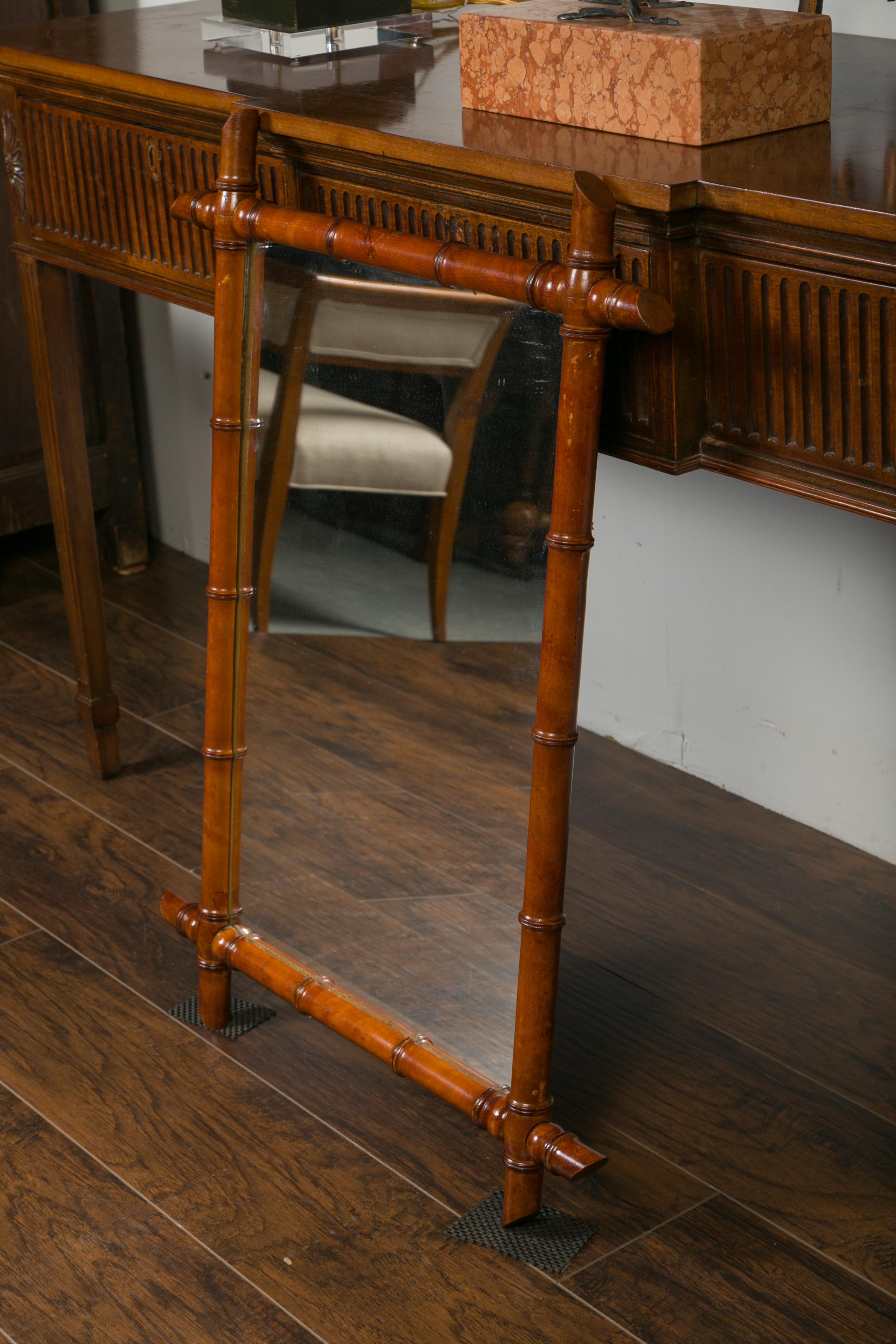 French Walnut Faux Bamboo Rectangular Mirror with Protruding Corners, circa 1900 8