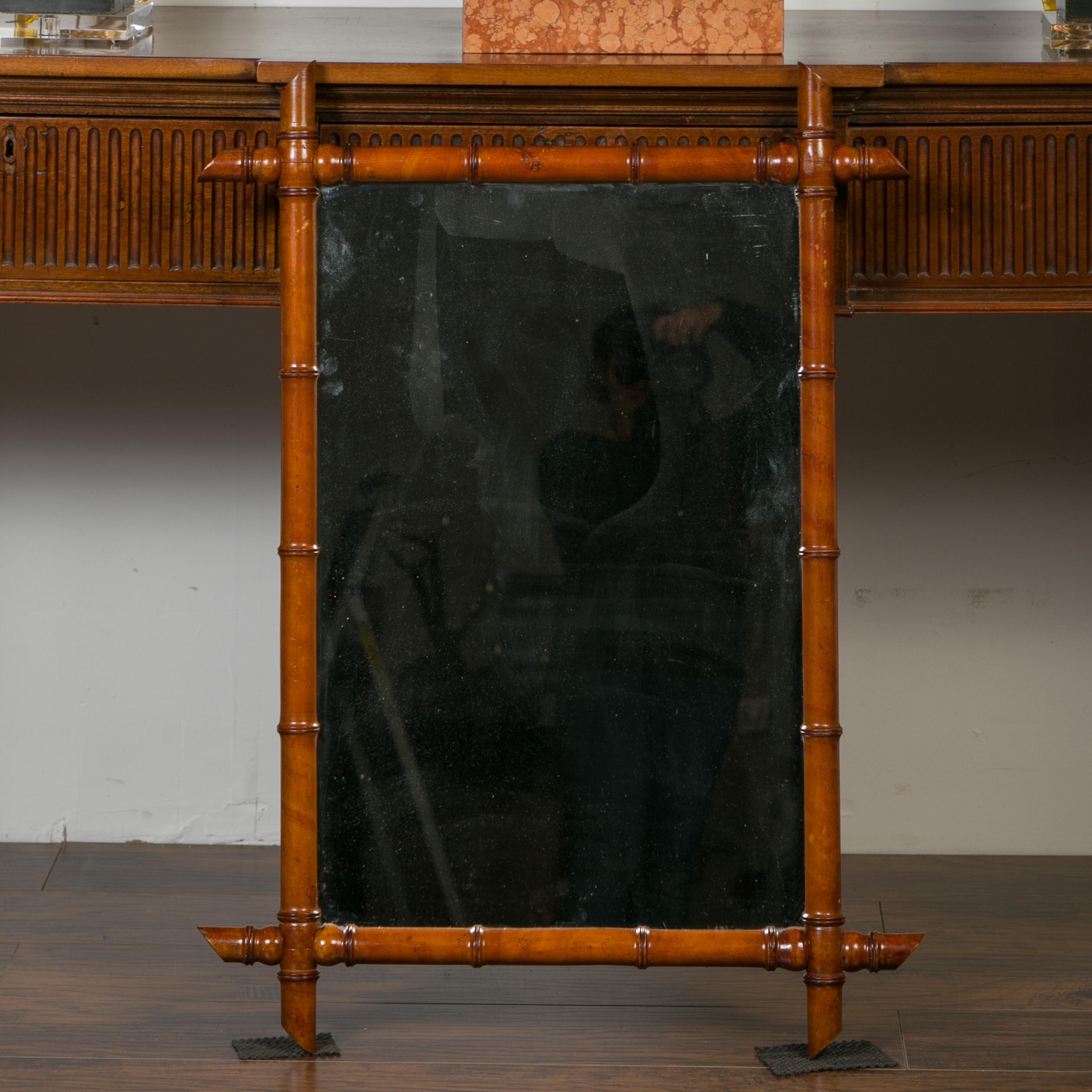 French Walnut Faux Bamboo Rectangular Mirror with Protruding Corners, circa 1900 In Good Condition In Atlanta, GA