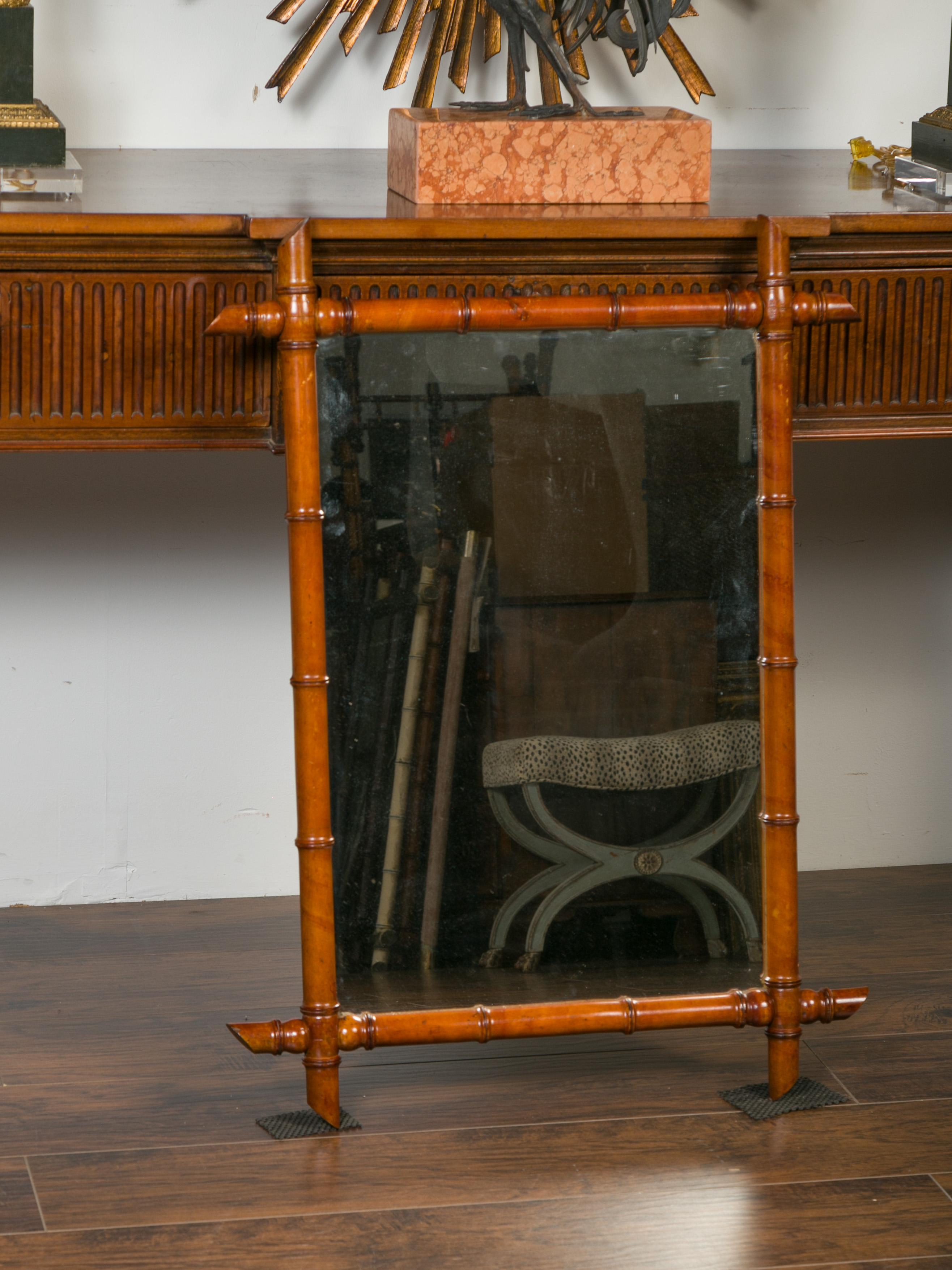 20th Century French Walnut Faux Bamboo Rectangular Mirror with Protruding Corners, circa 1900