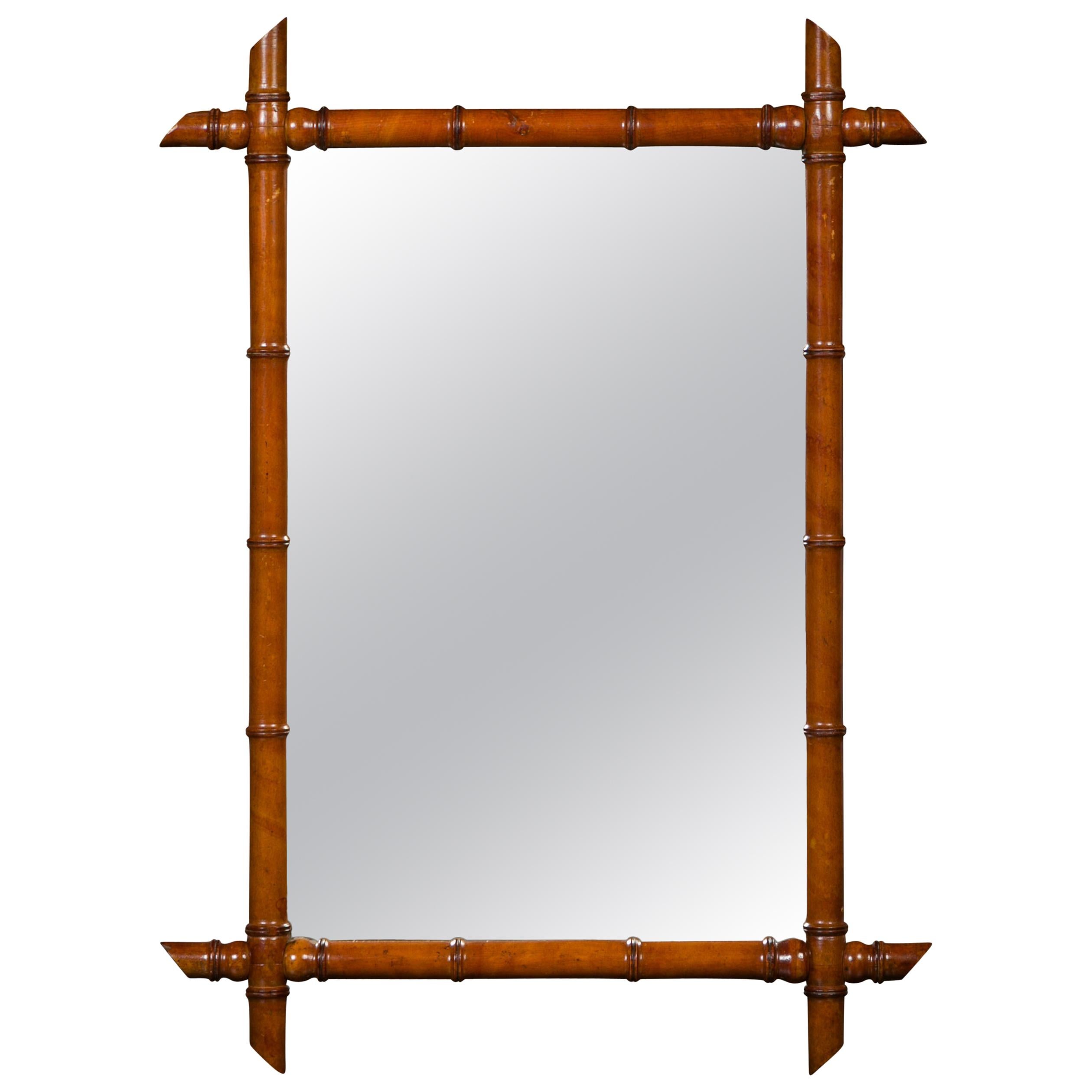 French Walnut Faux Bamboo Rectangular Mirror with Protruding Corners, circa 1900