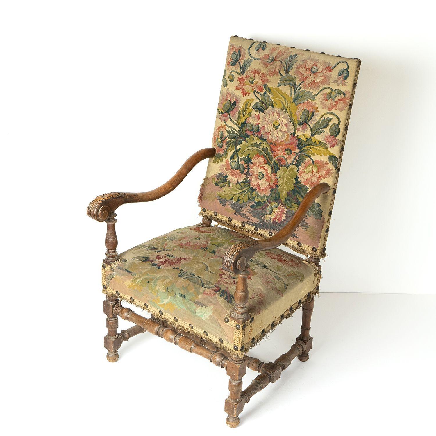 French Walnut Framed Armchair With Poppy Tapestry Upholstery, 19th Century For Sale 8