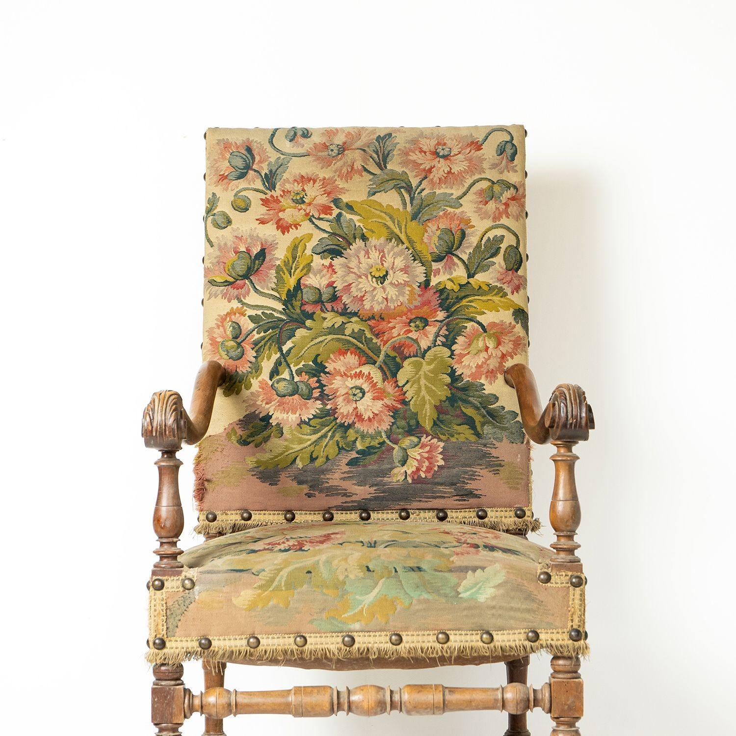 Hand-Carved French Walnut Framed Armchair With Poppy Tapestry Upholstery, 19th Century For Sale