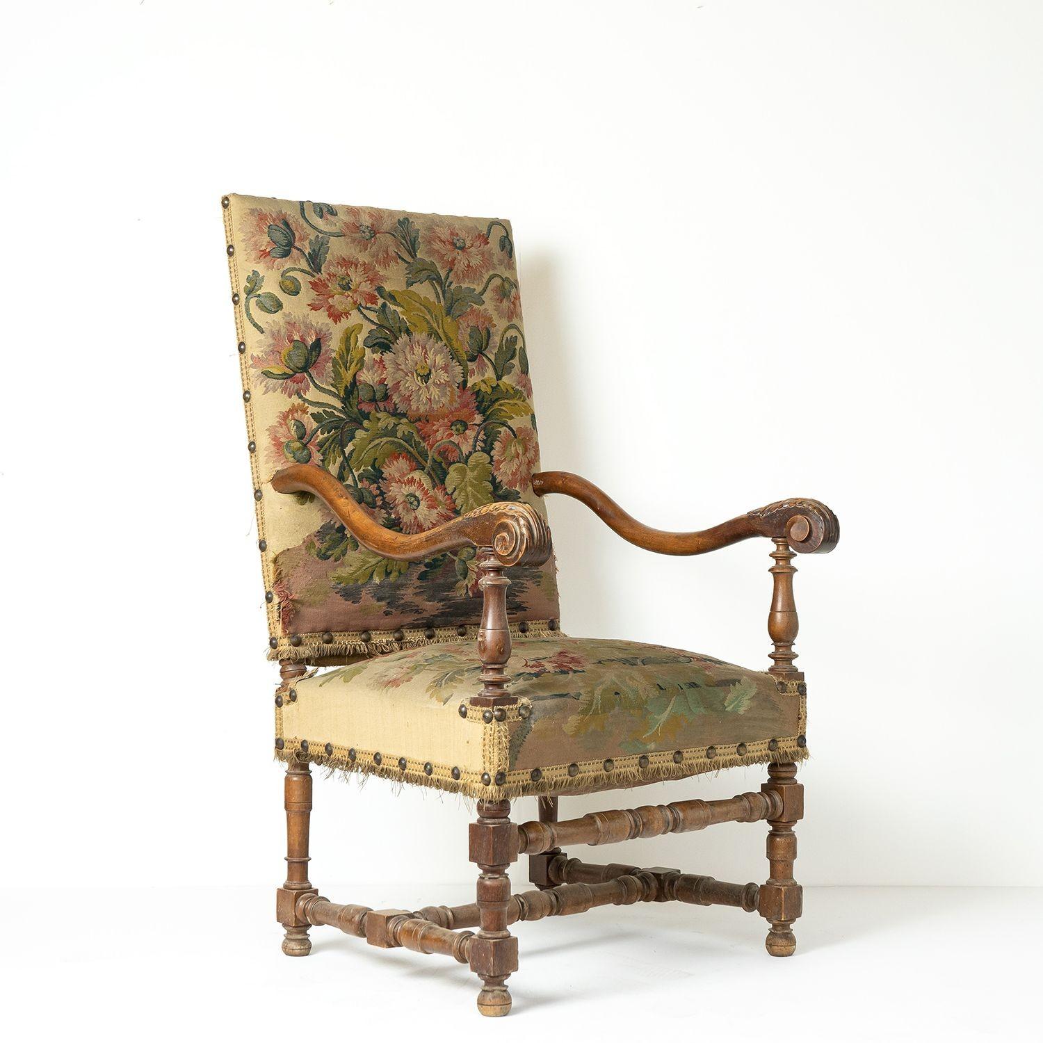 French Walnut Framed Armchair With Poppy Tapestry Upholstery, 19th Century In Good Condition For Sale In Bristol, GB