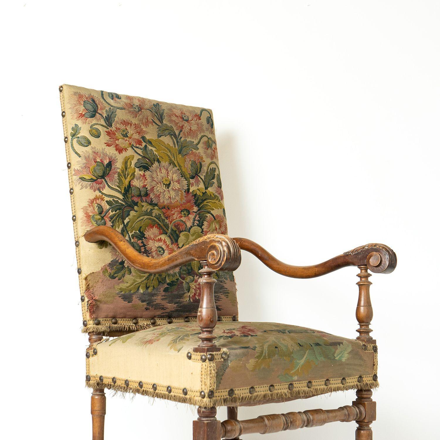 French Walnut Framed Armchair With Poppy Tapestry Upholstery, 19th Century For Sale 1