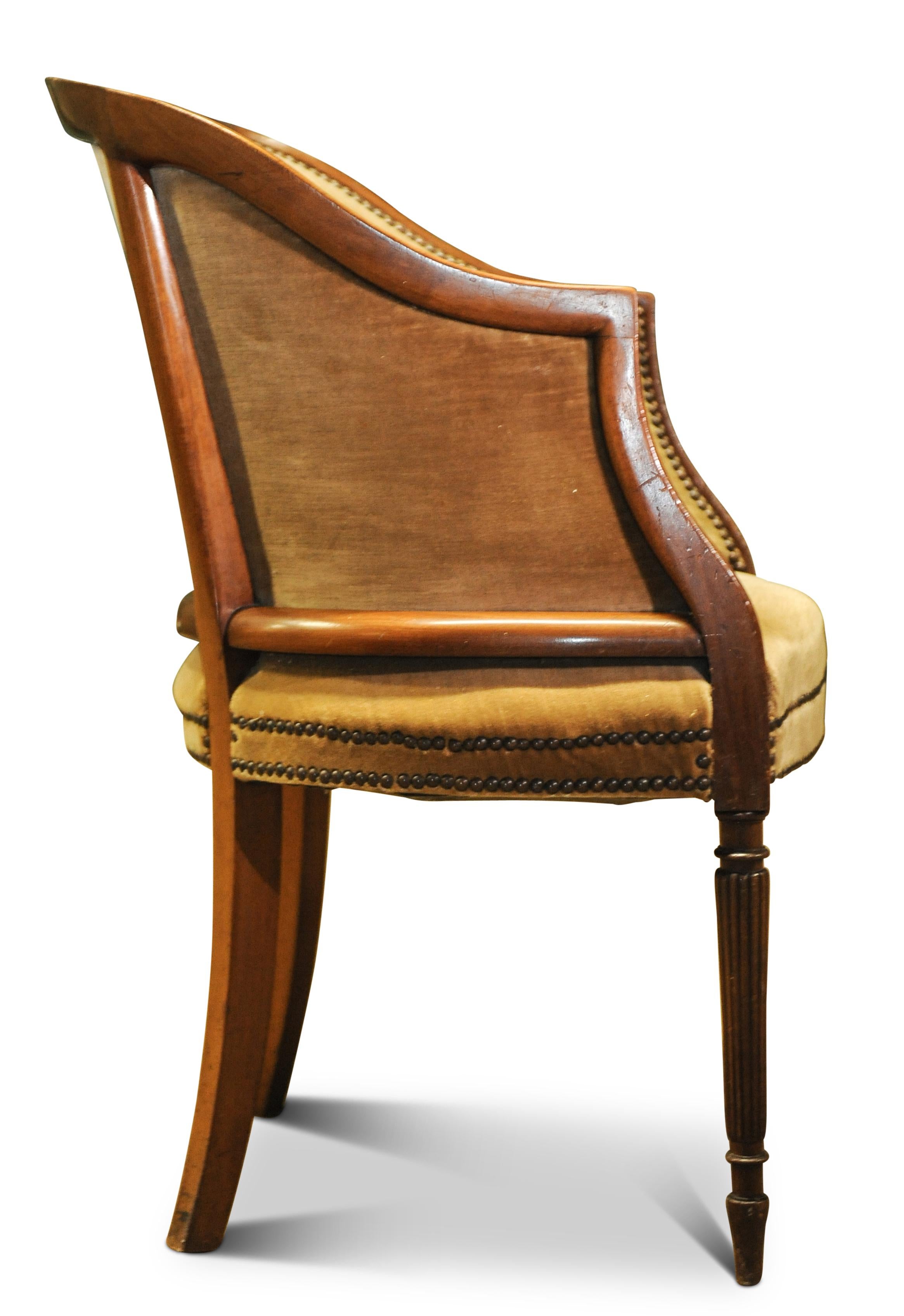 French Walnut Framed Velvet Tub Chair With Studded Borders on Tapered Supports For Sale 1