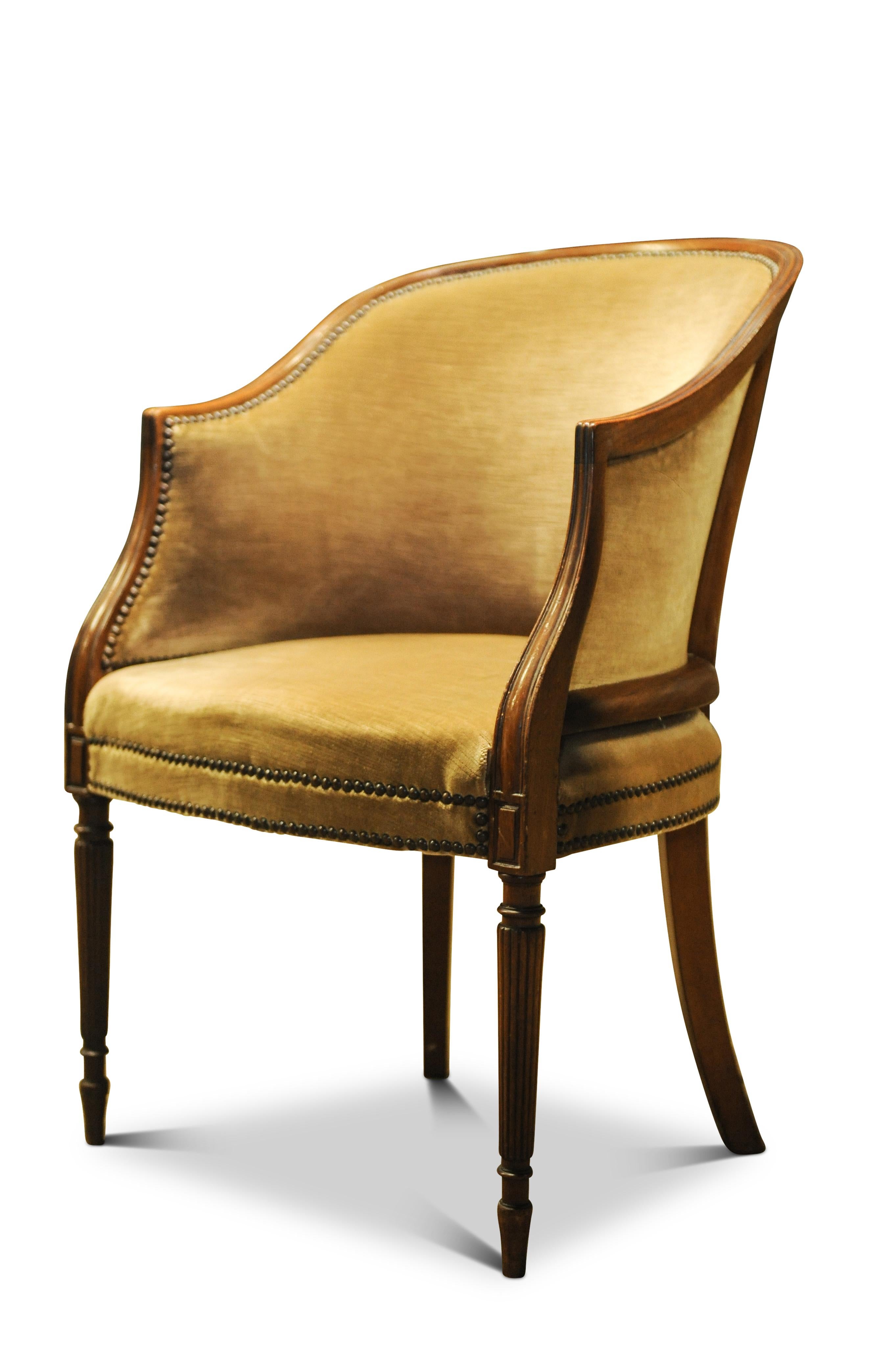 French Walnut Framed Velvet Tub Chair With Studded Borders on Tapered Supports For Sale 2