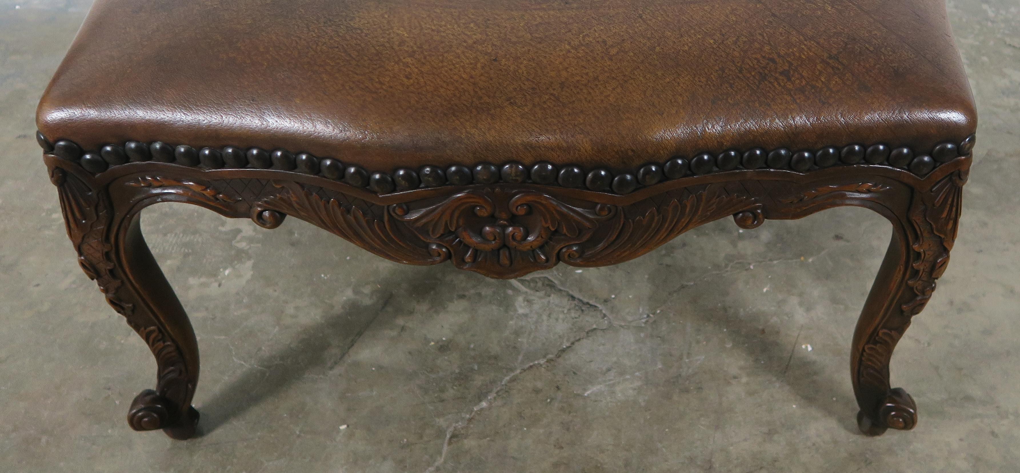 French Walnut Leather Embossed Ottoman with Nailhead Trim 6