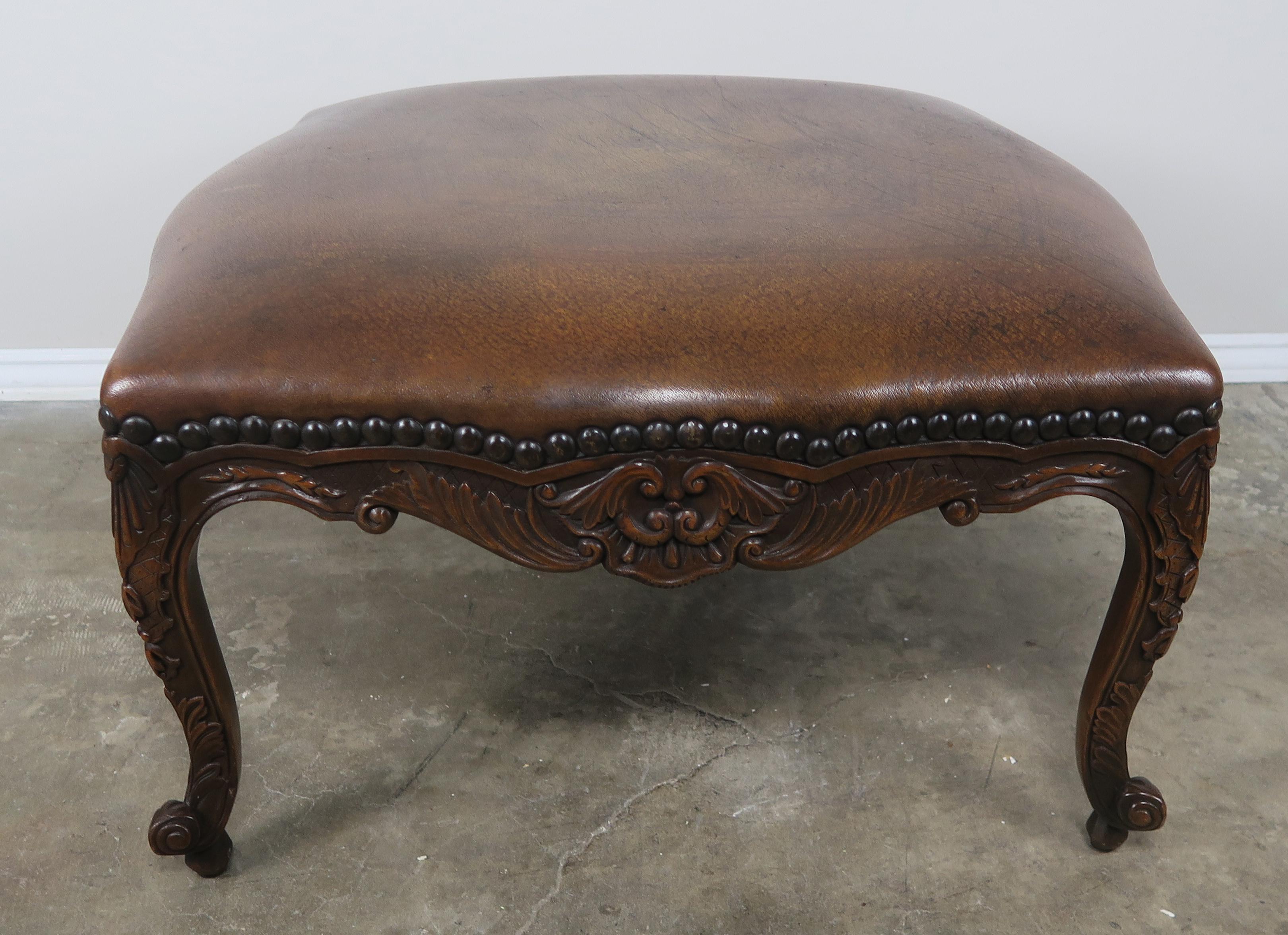 French Walnut Leather Embossed Ottoman with Nailhead Trim 7