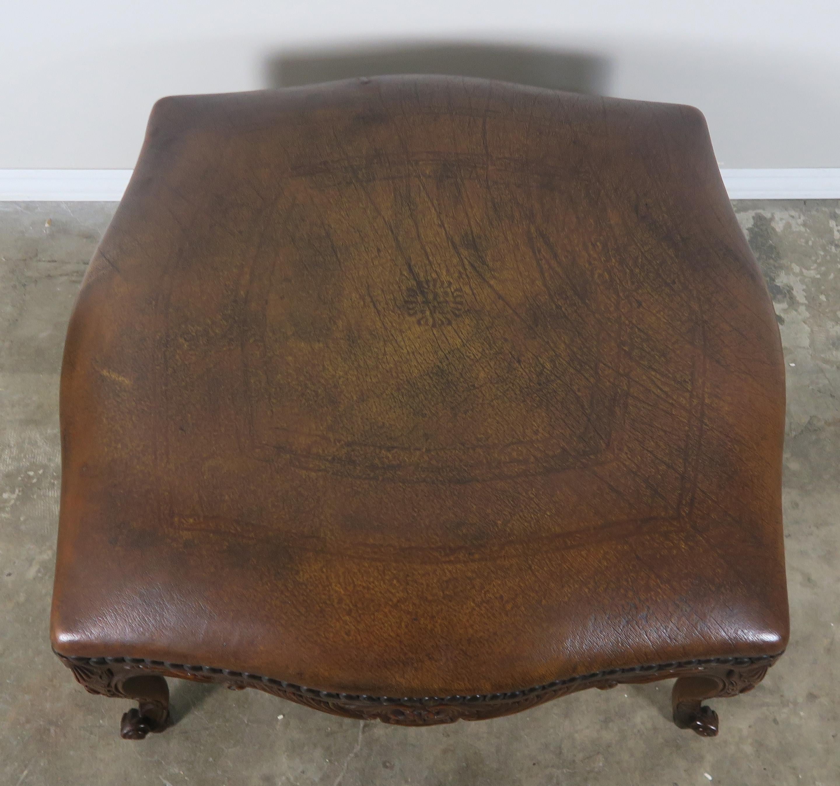 Louis XV French Walnut Leather Embossed Ottoman with Nailhead Trim