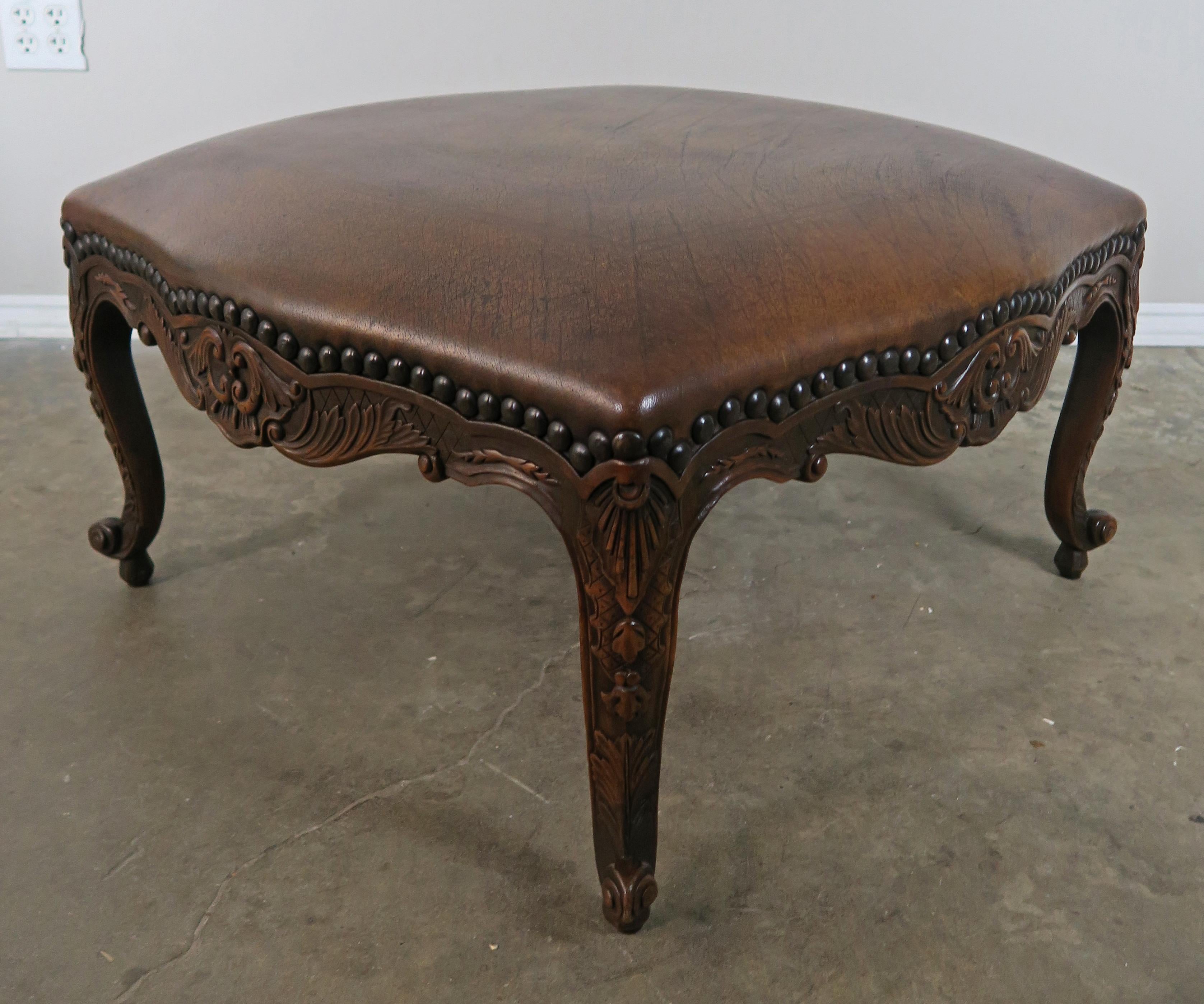 French Walnut Leather Embossed Ottoman with Nailhead Trim In Distressed Condition In Los Angeles, CA
