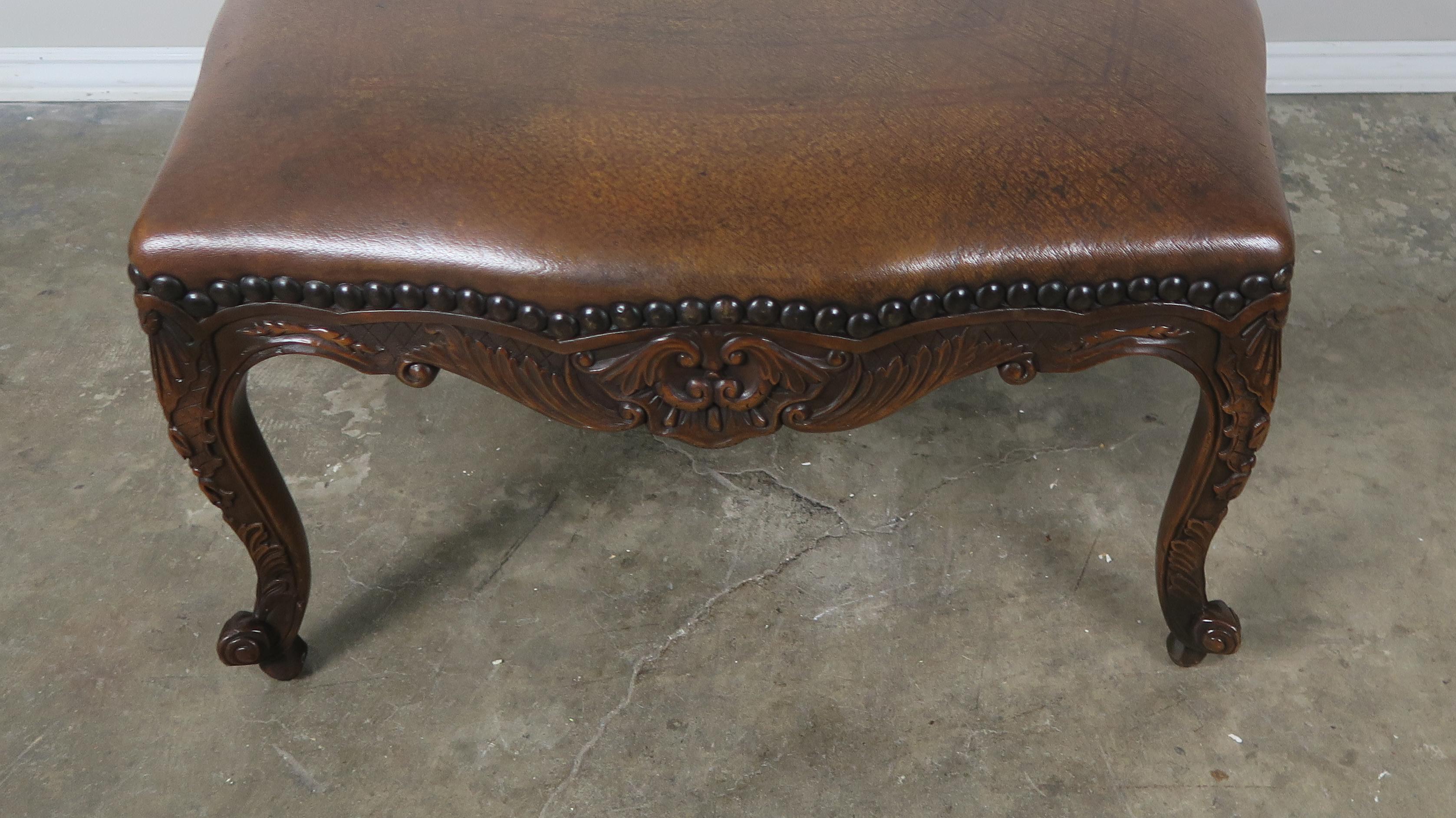 20th Century French Walnut Leather Embossed Ottoman with Nailhead Trim