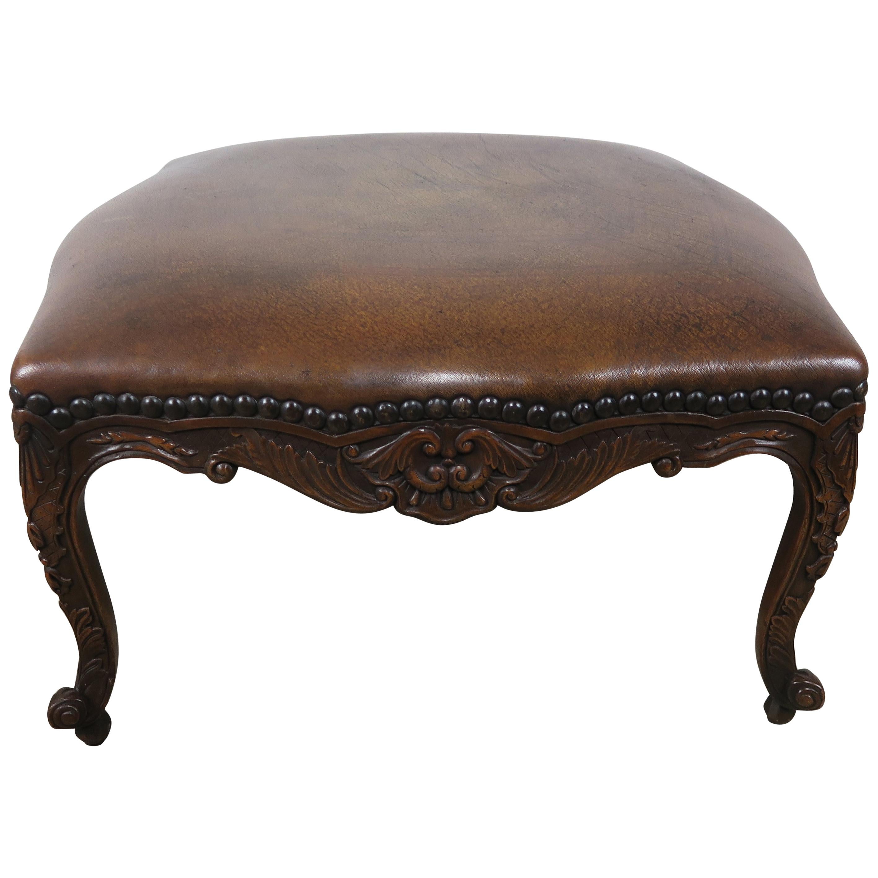 French Walnut Leather Embossed Ottoman with Nailhead Trim