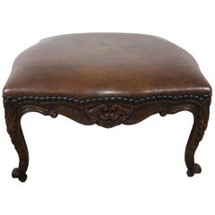 Antique French Walnut Leather Embossed Ottoman with Nailhead Trim