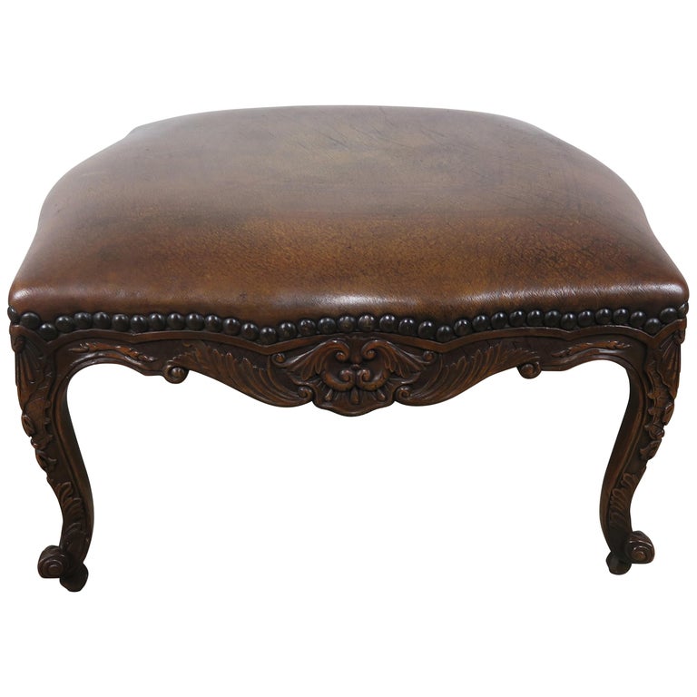 French Walnut Leather Embossed Ottoman, Leather Nailhead Ottoman