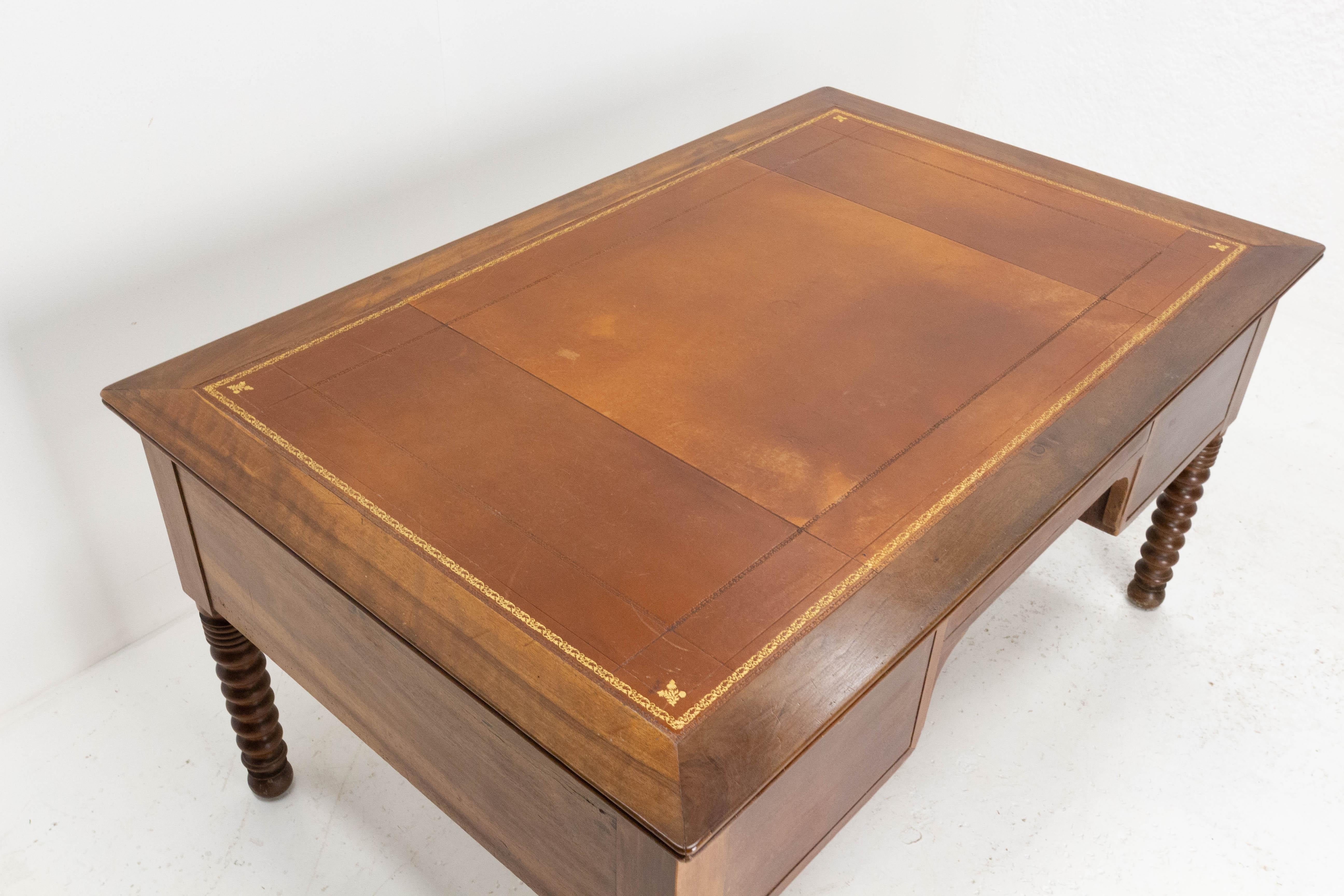 French Walnut Louis Philippe Desk Leather Top Writing Table, 19th Century 3