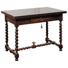 French Walnut Louis XIII Style Desk with Barley Twist Base from the 19th Century