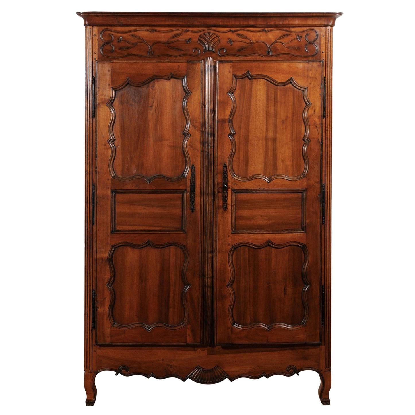 French Walnut Louis XV Style Armoire Façade with Carved Panels, circa 1850