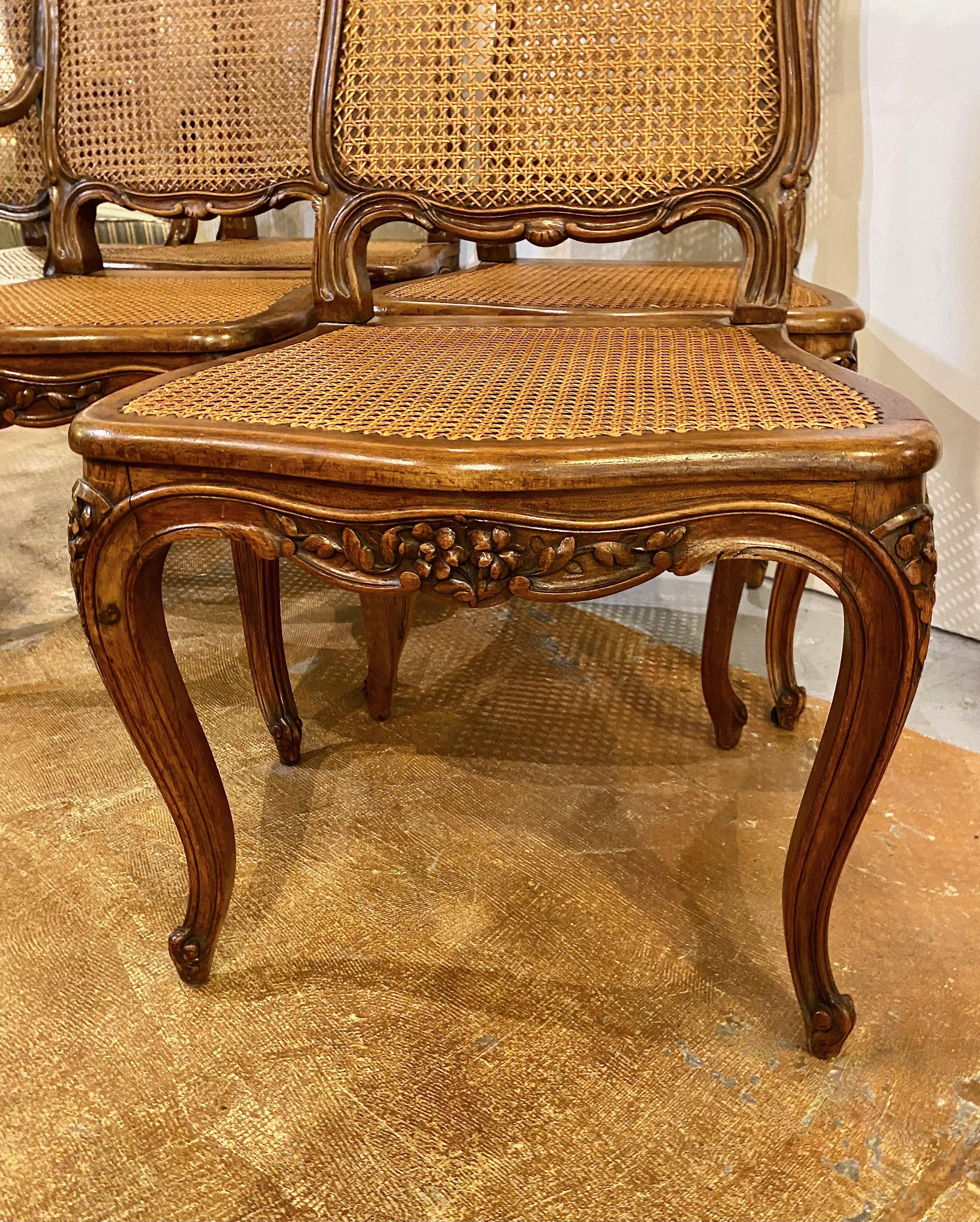 Hand-Carved French Walnut Louis XV-Style Dining Chairs, Set of 6
