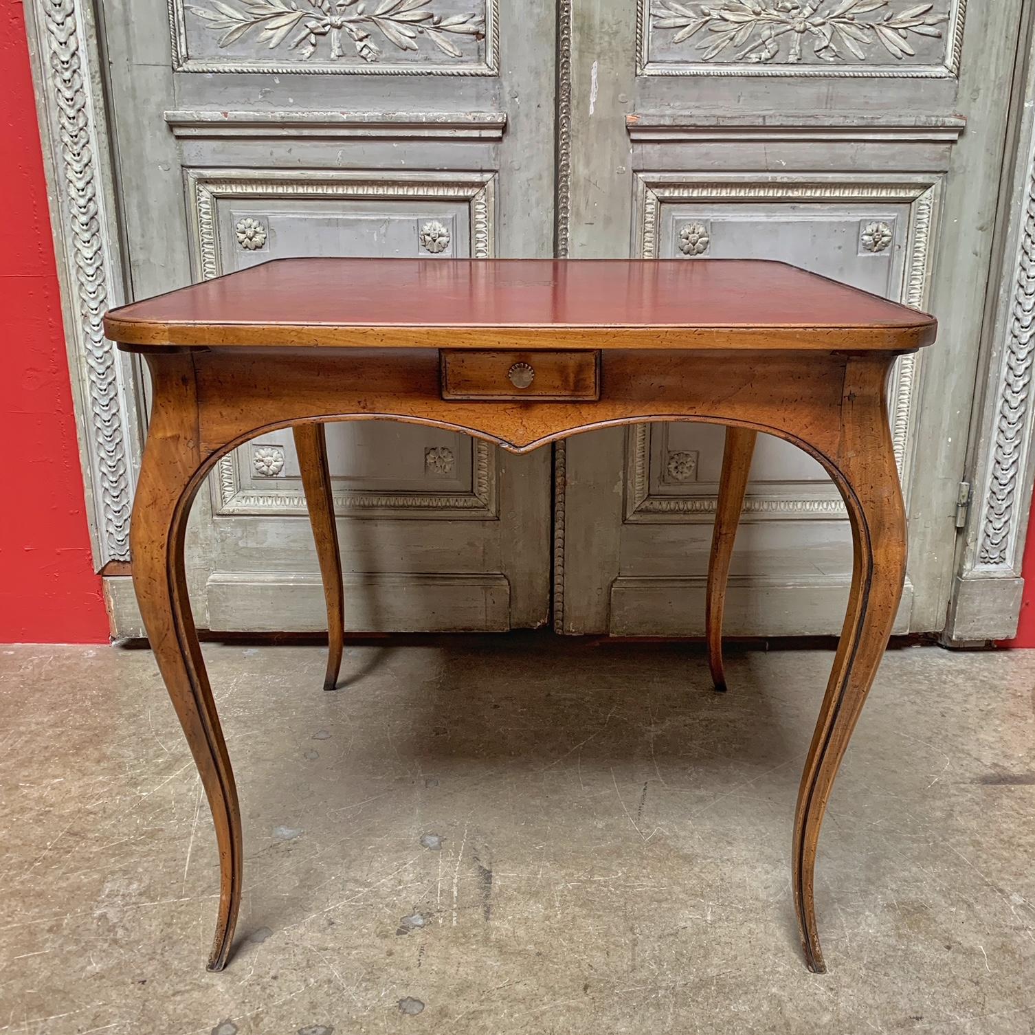 Carved French Walnut Louis XV Style Game Table with Red Leather Top For Sale