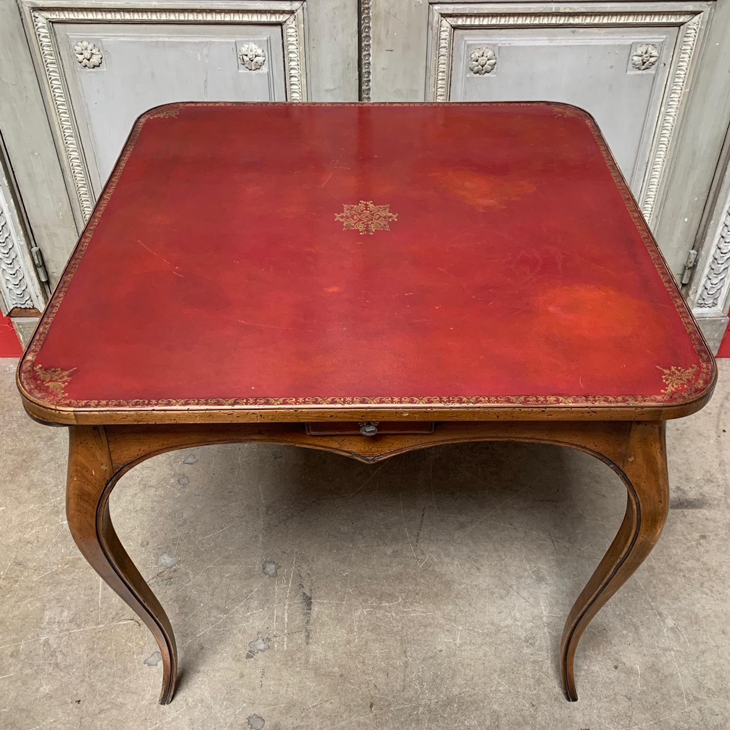 French Walnut Louis XV Style Game Table with Red Leather Top In Good Condition For Sale In Dallas, TX