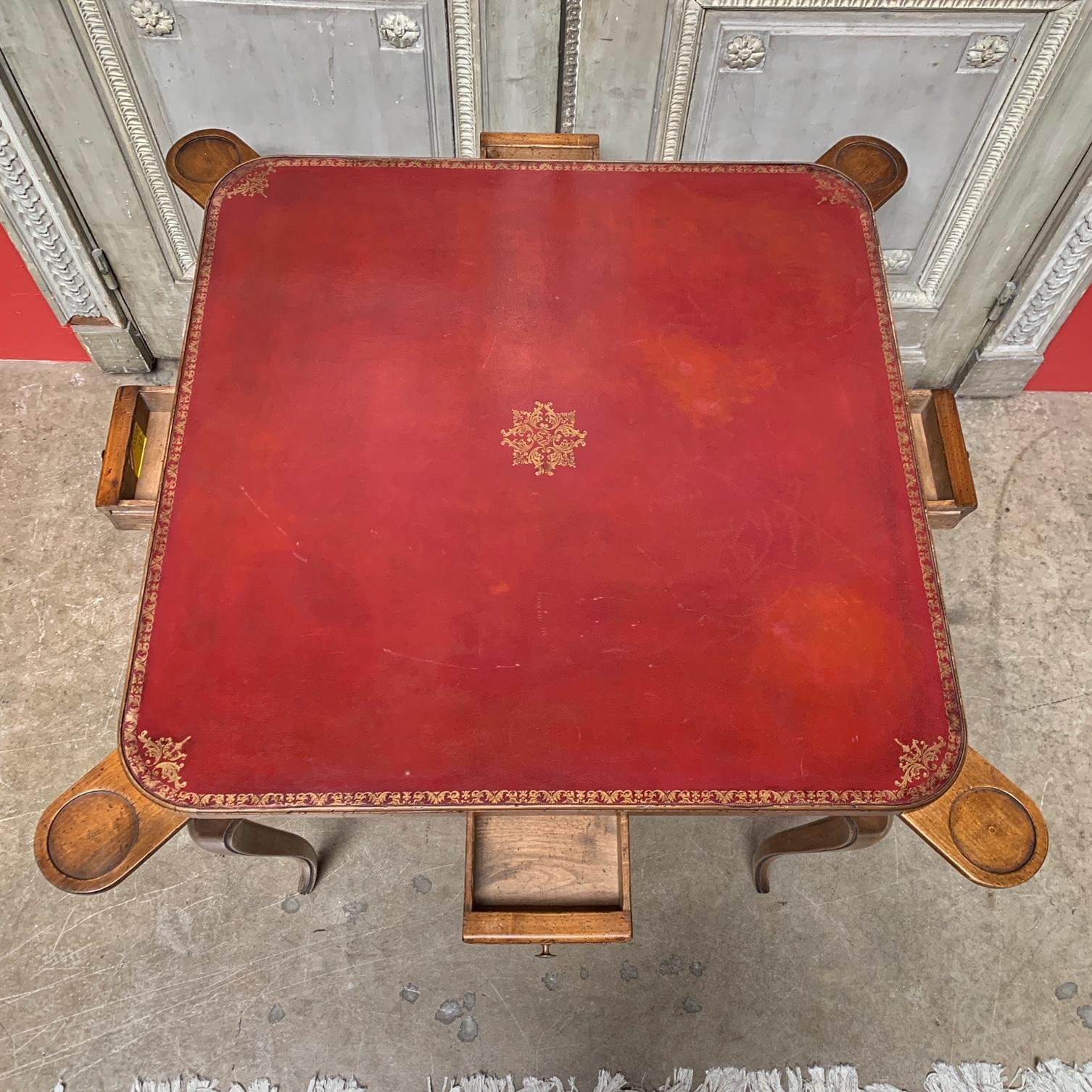 French Walnut Louis XV Style Game Table with Red Leather Top For Sale 1