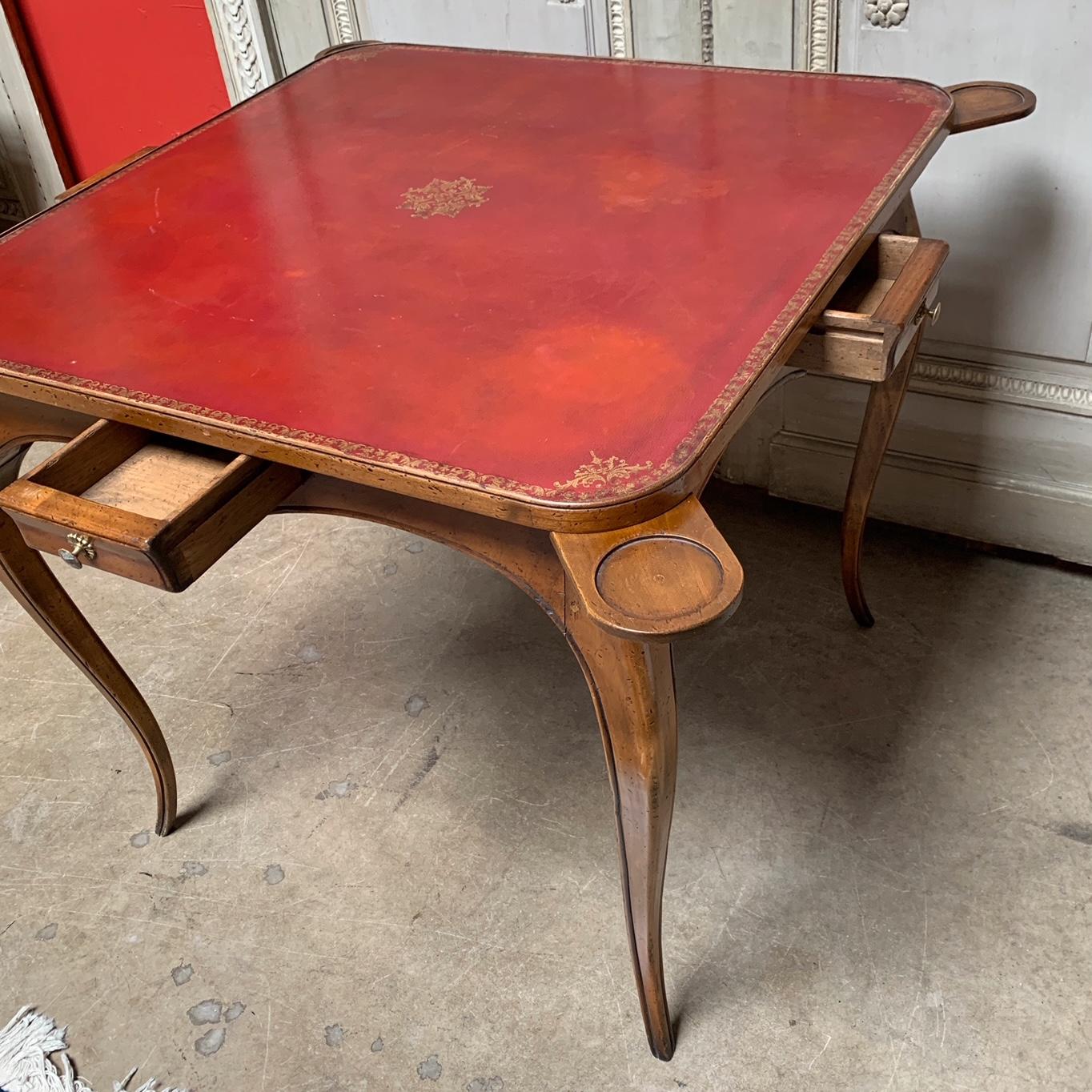French Walnut Louis XV Style Game Table with Red Leather Top For Sale 2