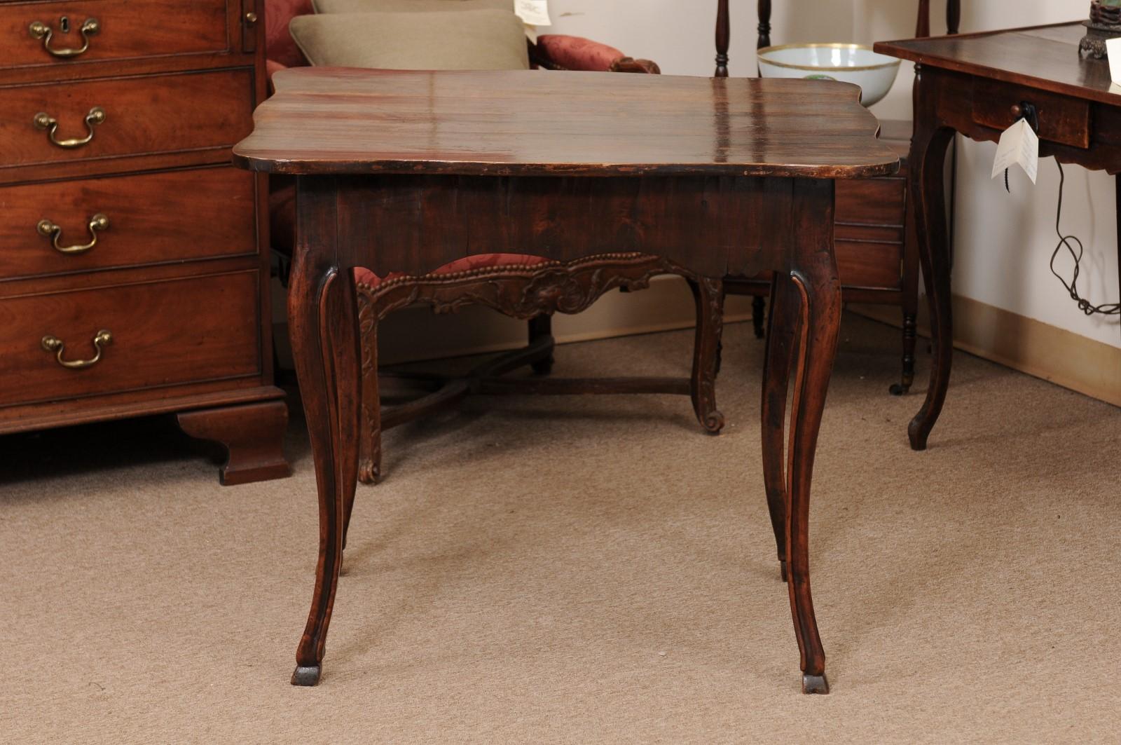 French Walnut Louis XV Table with Shaped Top, Hoof Feet & 2 Drawers For Sale 9