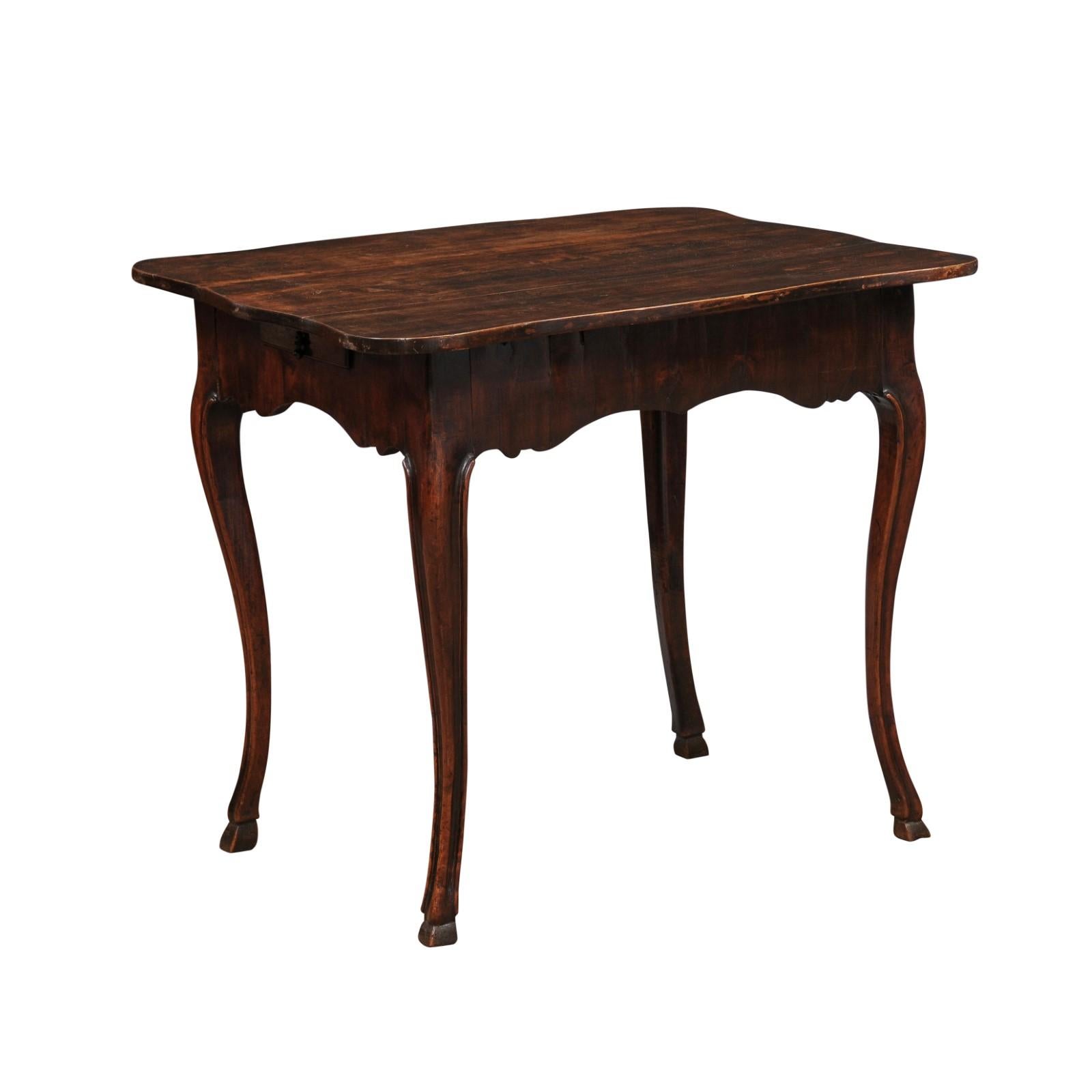 French Walnut Louis XV Table with Shaped Top, Hoof Feet & 2 Drawers. 18th Century and Later.