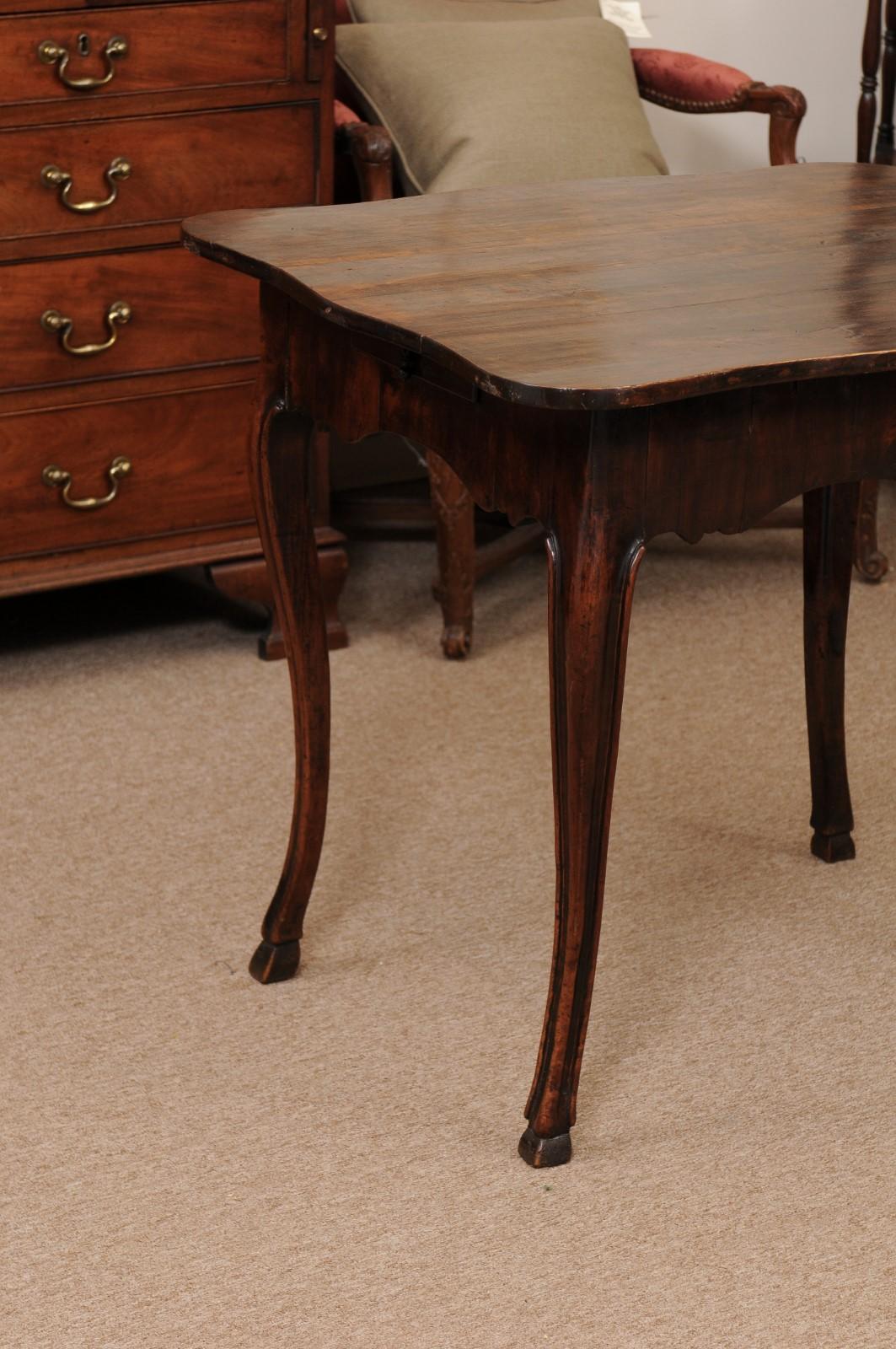 18th Century and Earlier French Walnut Louis XV Table with Shaped Top, Hoof Feet & 2 Drawers For Sale