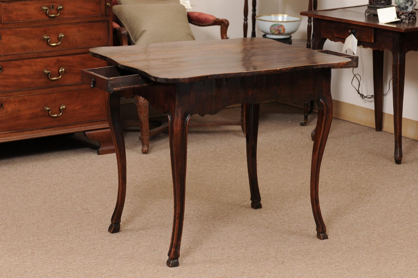French Walnut Louis XV Table with Shaped Top, Hoof Feet & 2 Drawers For Sale 1