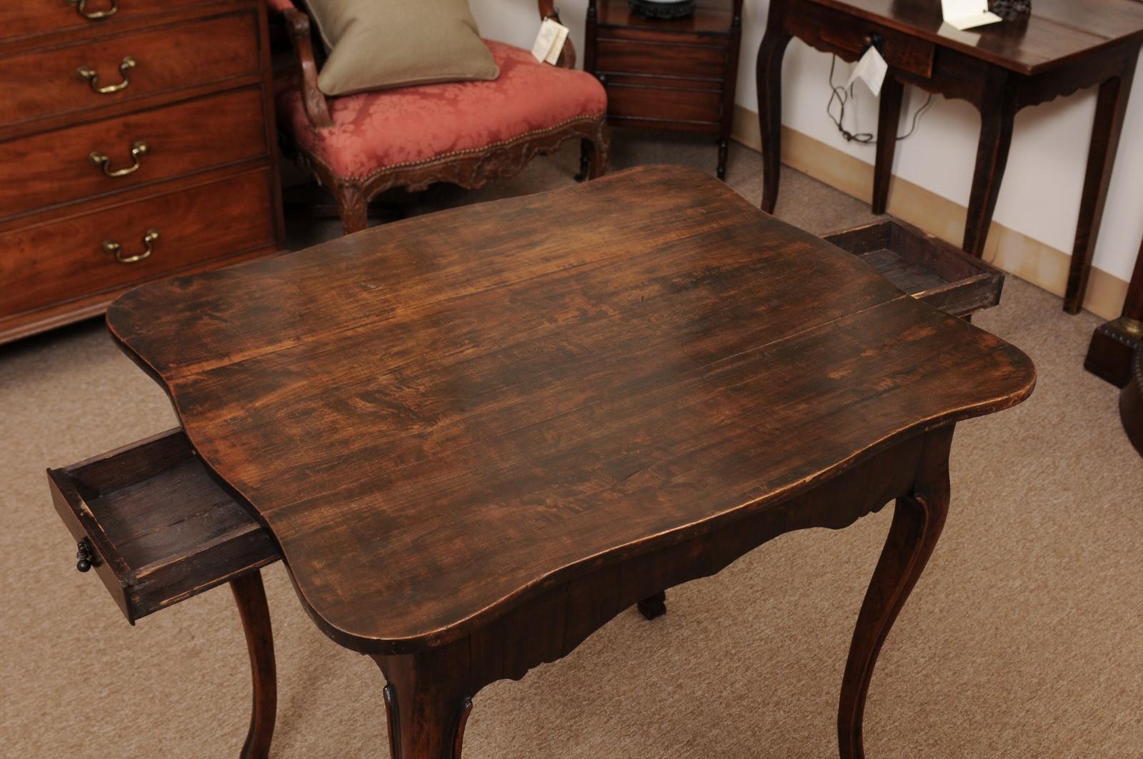 French Walnut Louis XV Table with Shaped Top, Hoof Feet & 2 Drawers For Sale 3