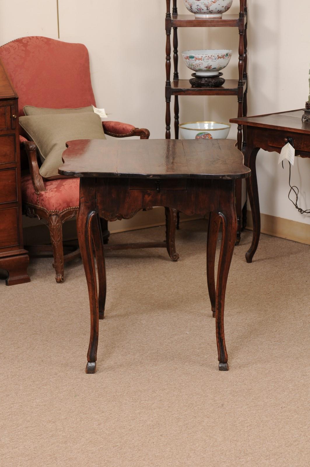 French Walnut Louis XV Table with Shaped Top, Hoof Feet & 2 Drawers For Sale 4