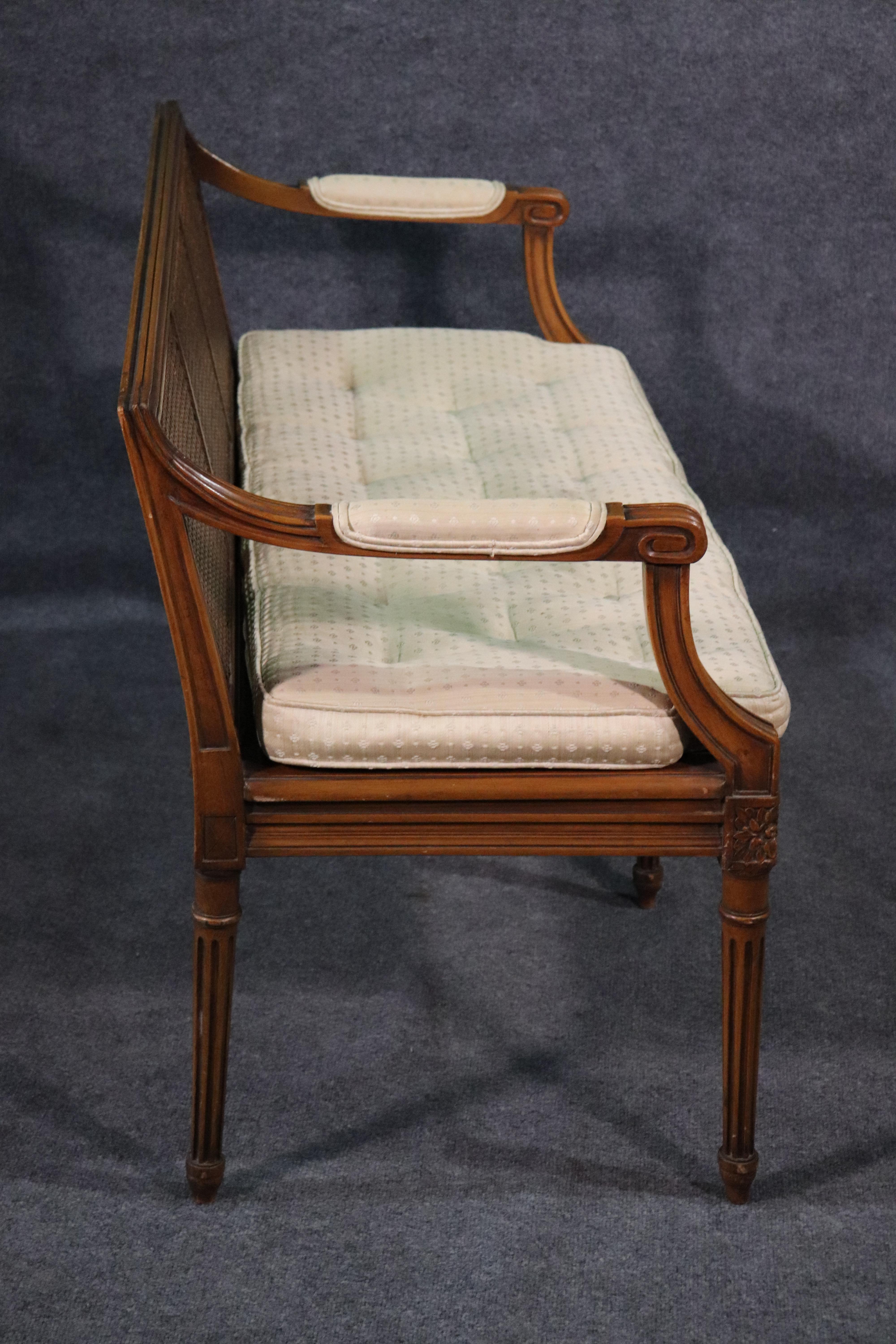 French Walnut Louis XVI Cane Settee Window Bench Canape Goose Down Cushion In Good Condition In Swedesboro, NJ