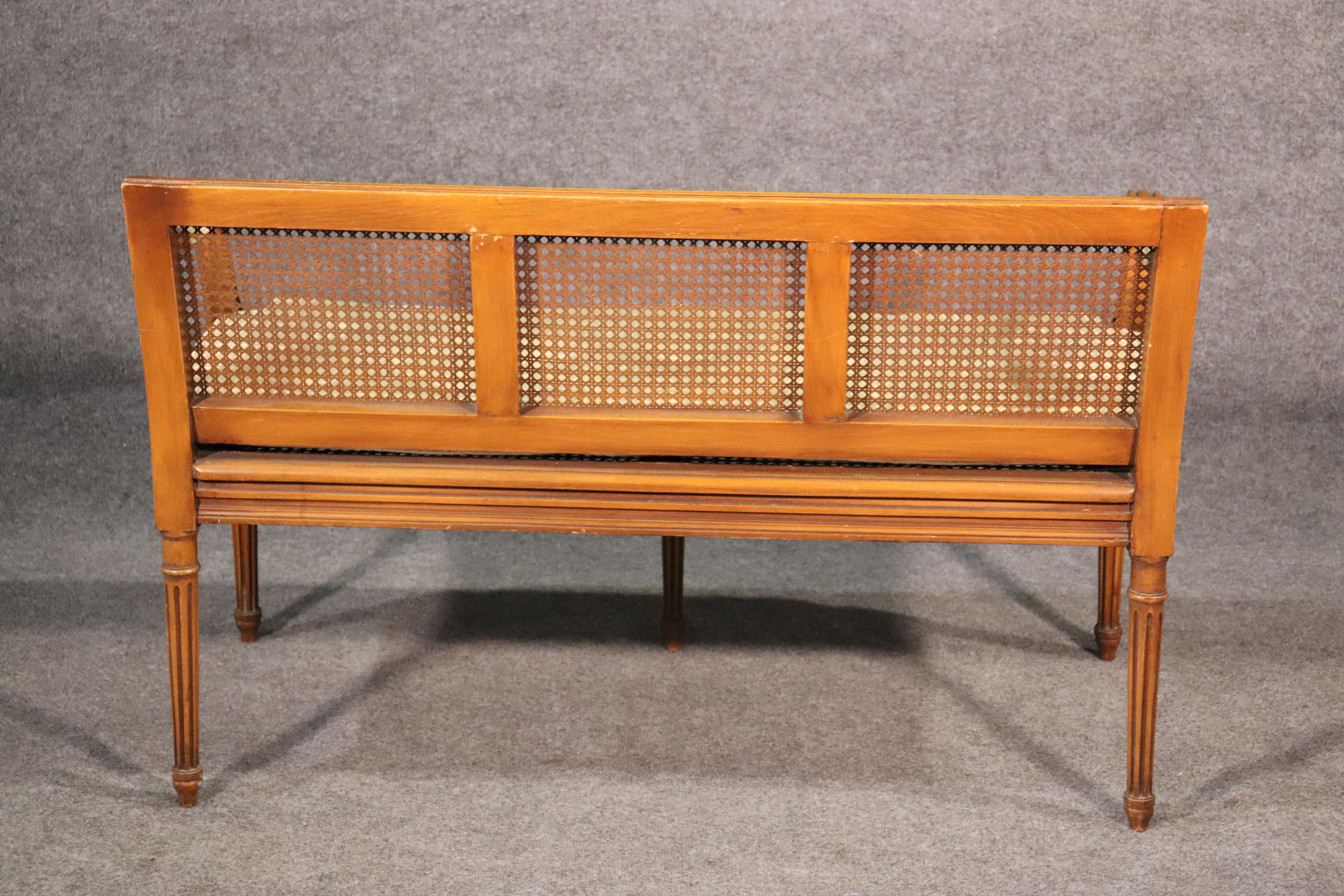 Mid-20th Century French Walnut Louis XVI Cane Settee Window Bench Canape Goose Down Cushion